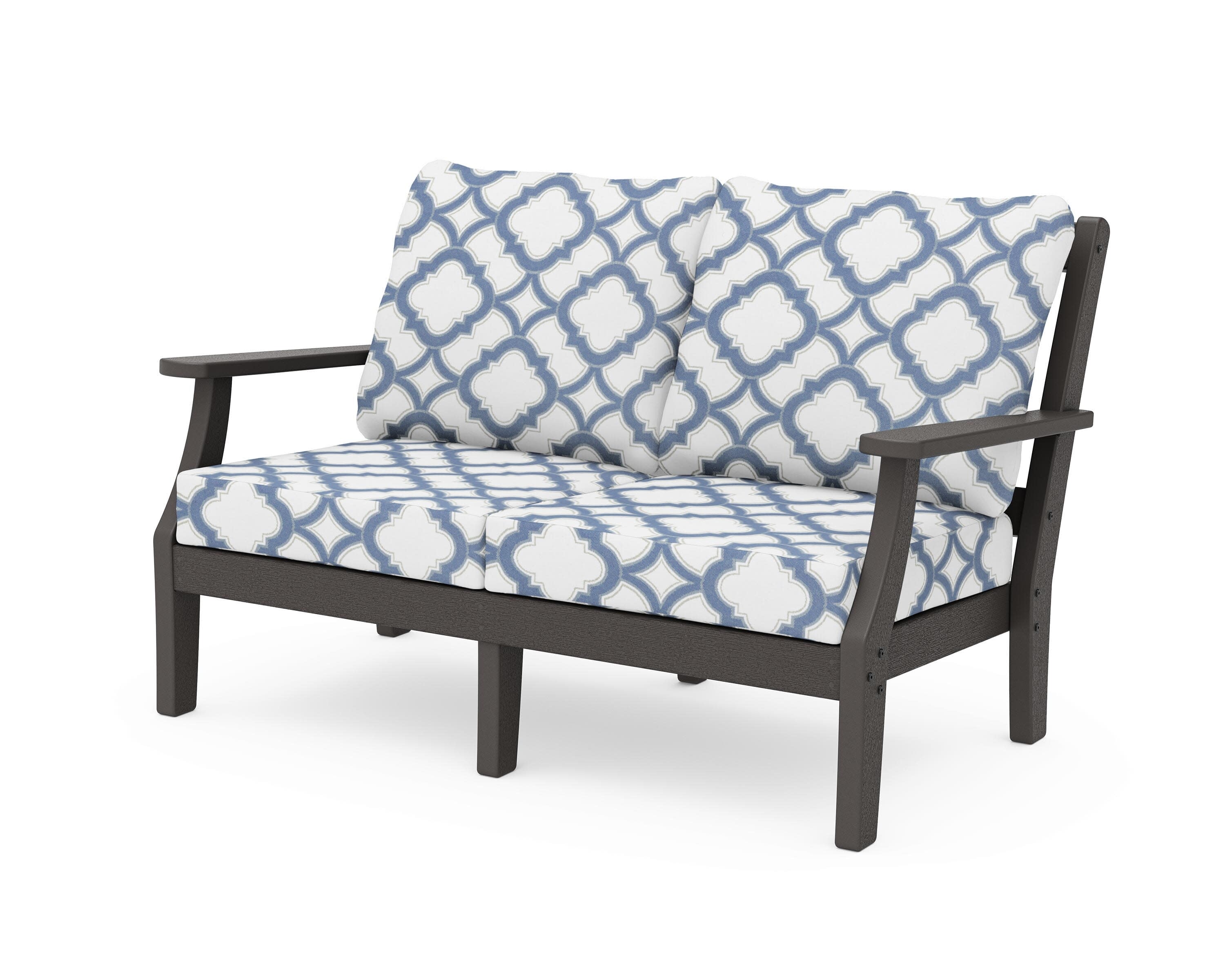 Chinoiserie Deep Seating Loveseat in Vintage Coffee / Trellis Sky Blue