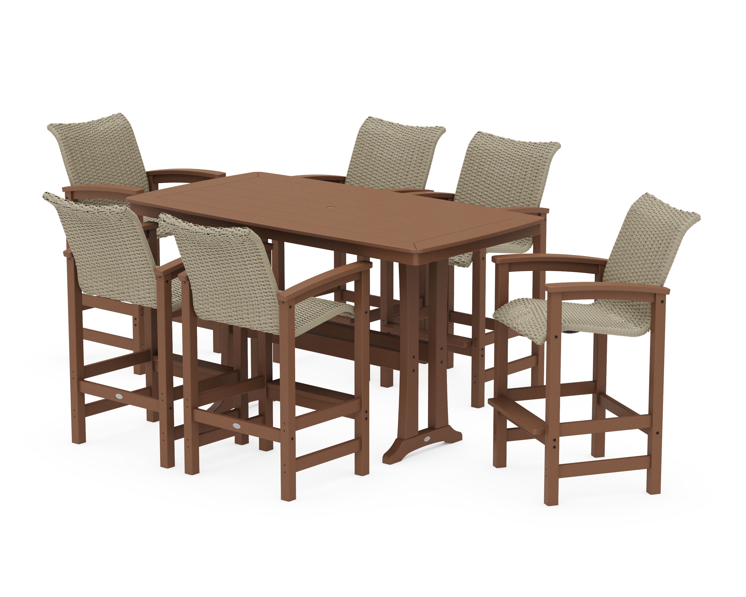 Coastal Woven Arm Chair 7-Piece Bar Set with Trestle Legs in Teak / Dune Grass