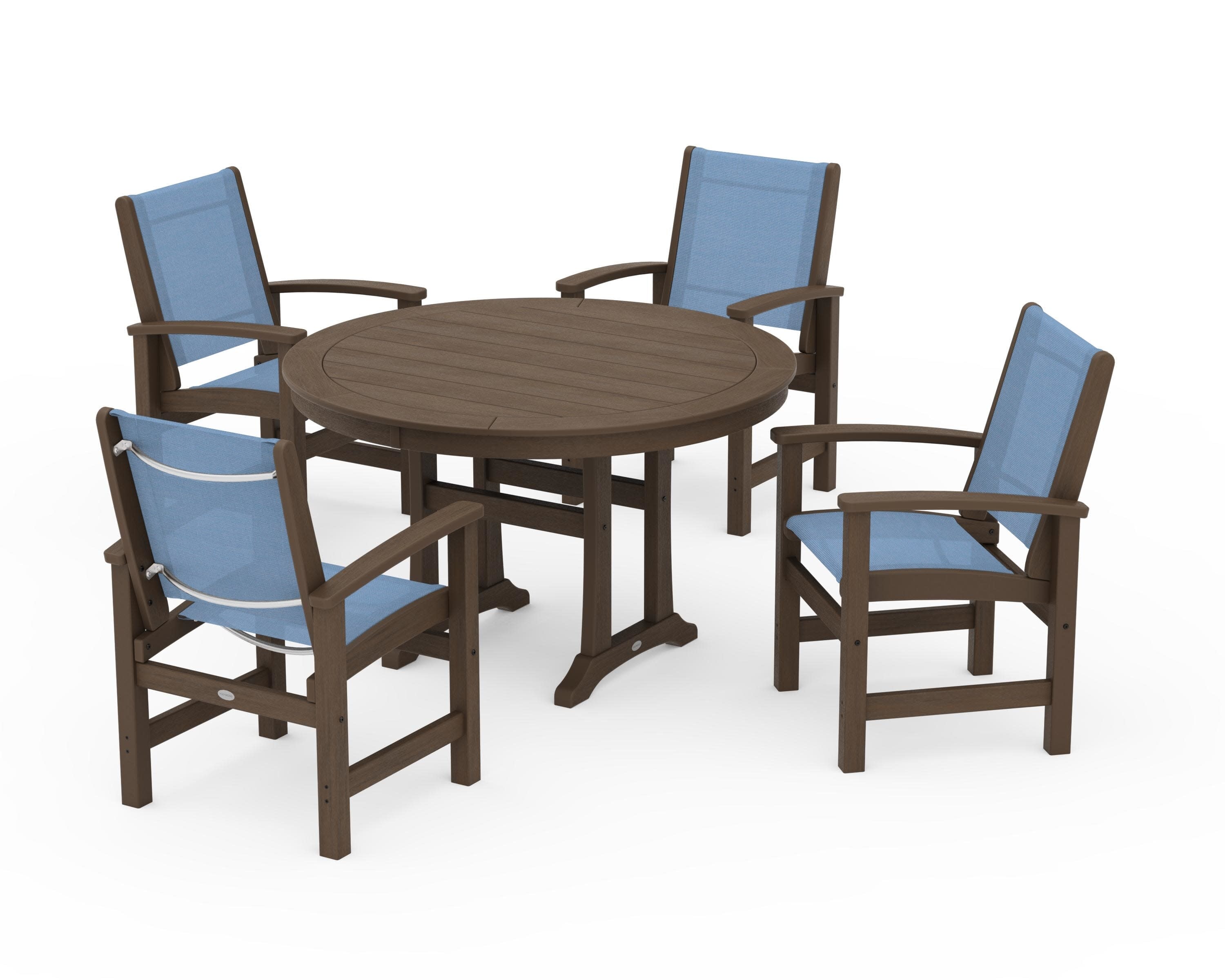 Coastal 5-Piece Round Dining Set with Trestle Legs in Kona / Poolside Sling