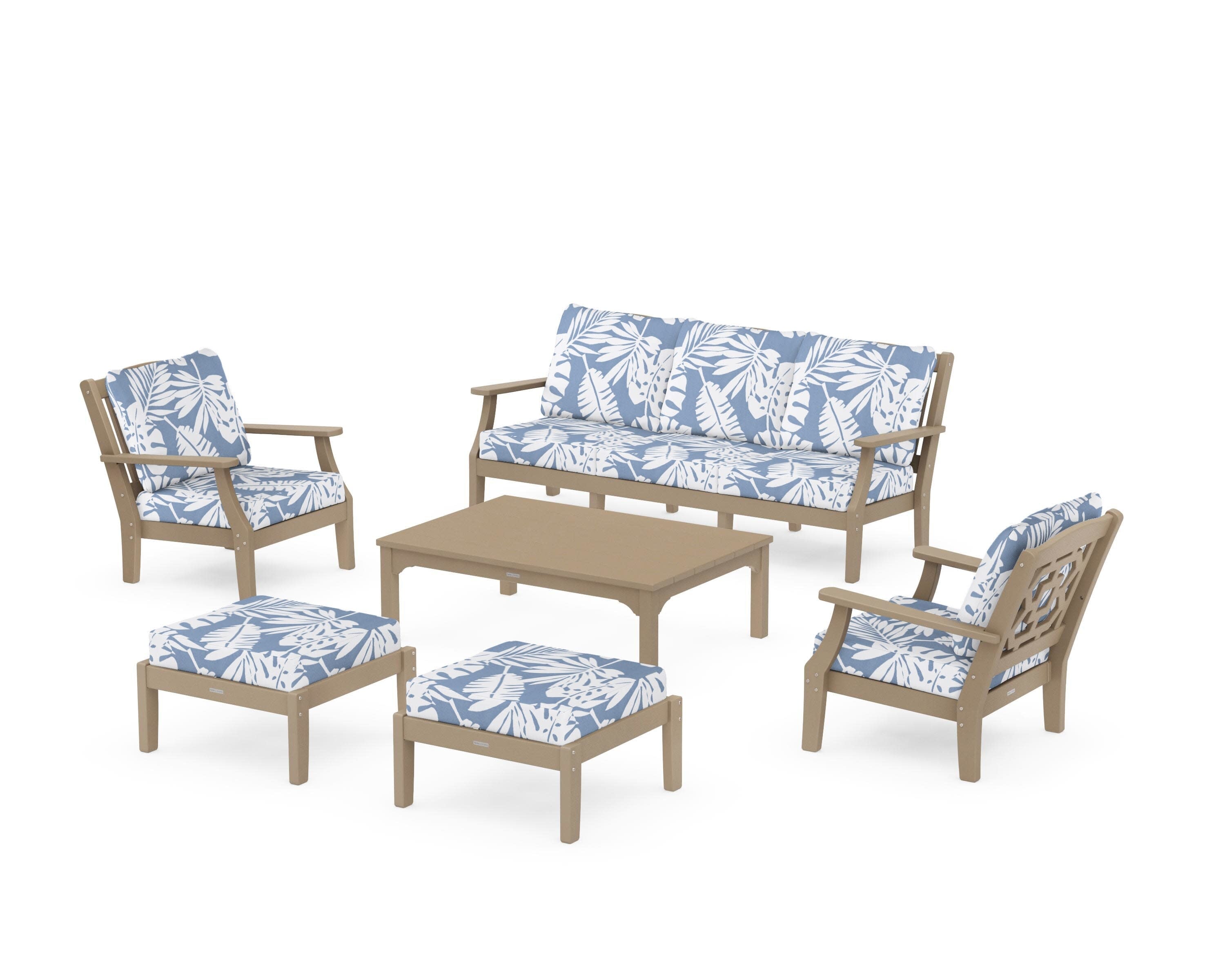 Chinoiserie 6-Piece Lounge Sofa Set in Vintage Sahara / Leaf Sky Blue