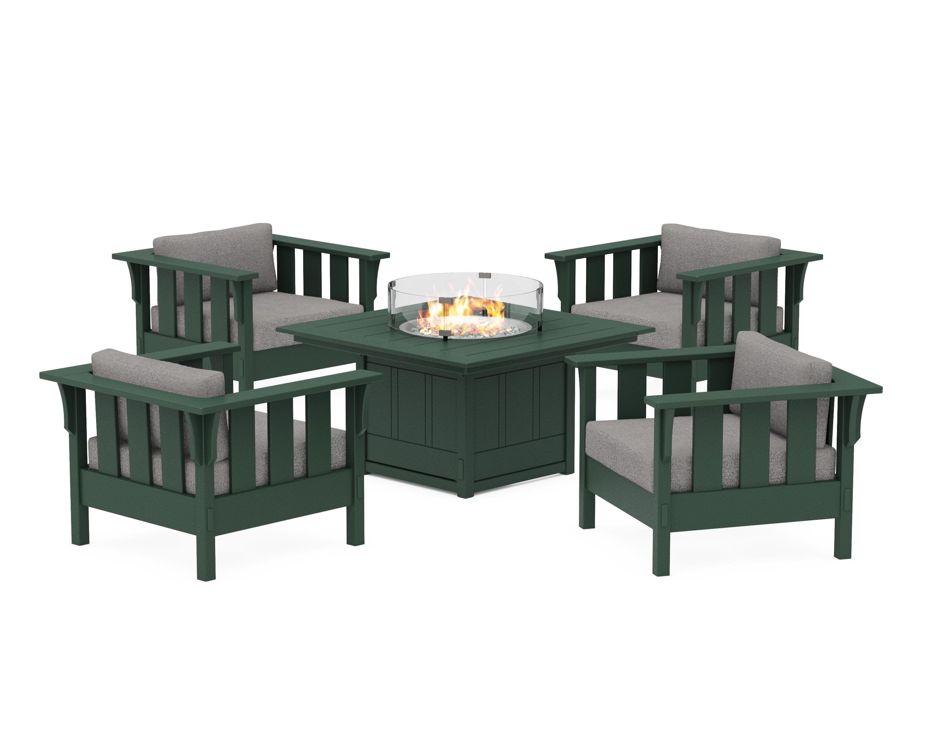 Acadia 5-Piece Deep Seating Set with Fire Pit Table in Green / Grey Mist