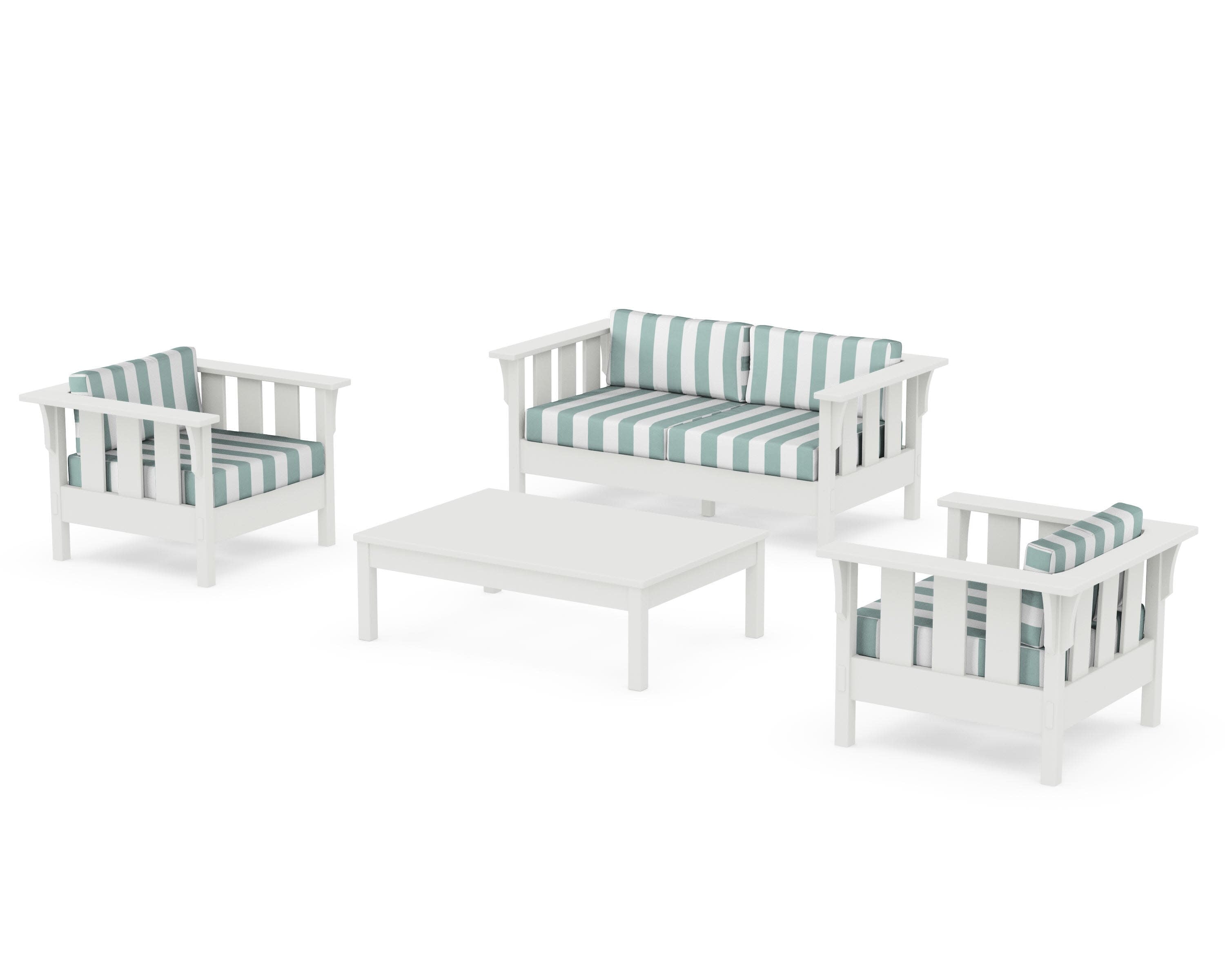 Acadia 4-Piece Deep Seating Set with Loveseat in Vintage White / Cabana Stripe Glacier Spa