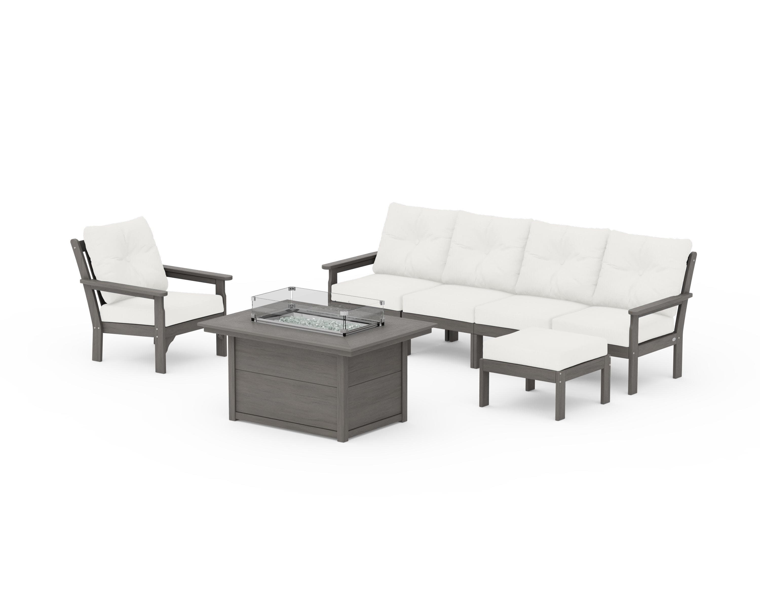 Vineyard Sectional Lounge and Fire Pit Set in Driftwood / Natural Linen