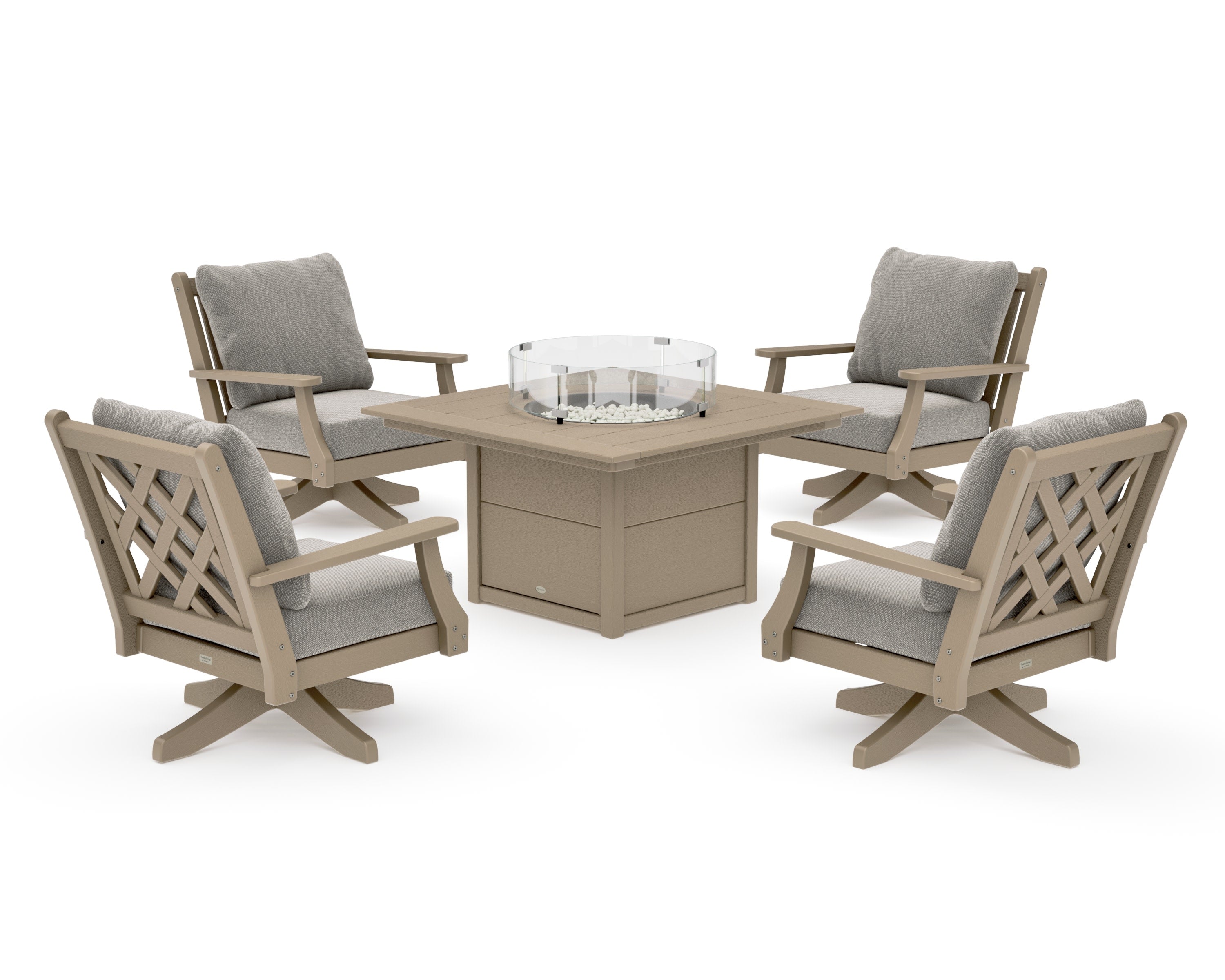 Wovendale 5-Piece Deep Seating Swivel Conversation Set with Fire Pit Table in Vintage Sahara / Weathered Tweed