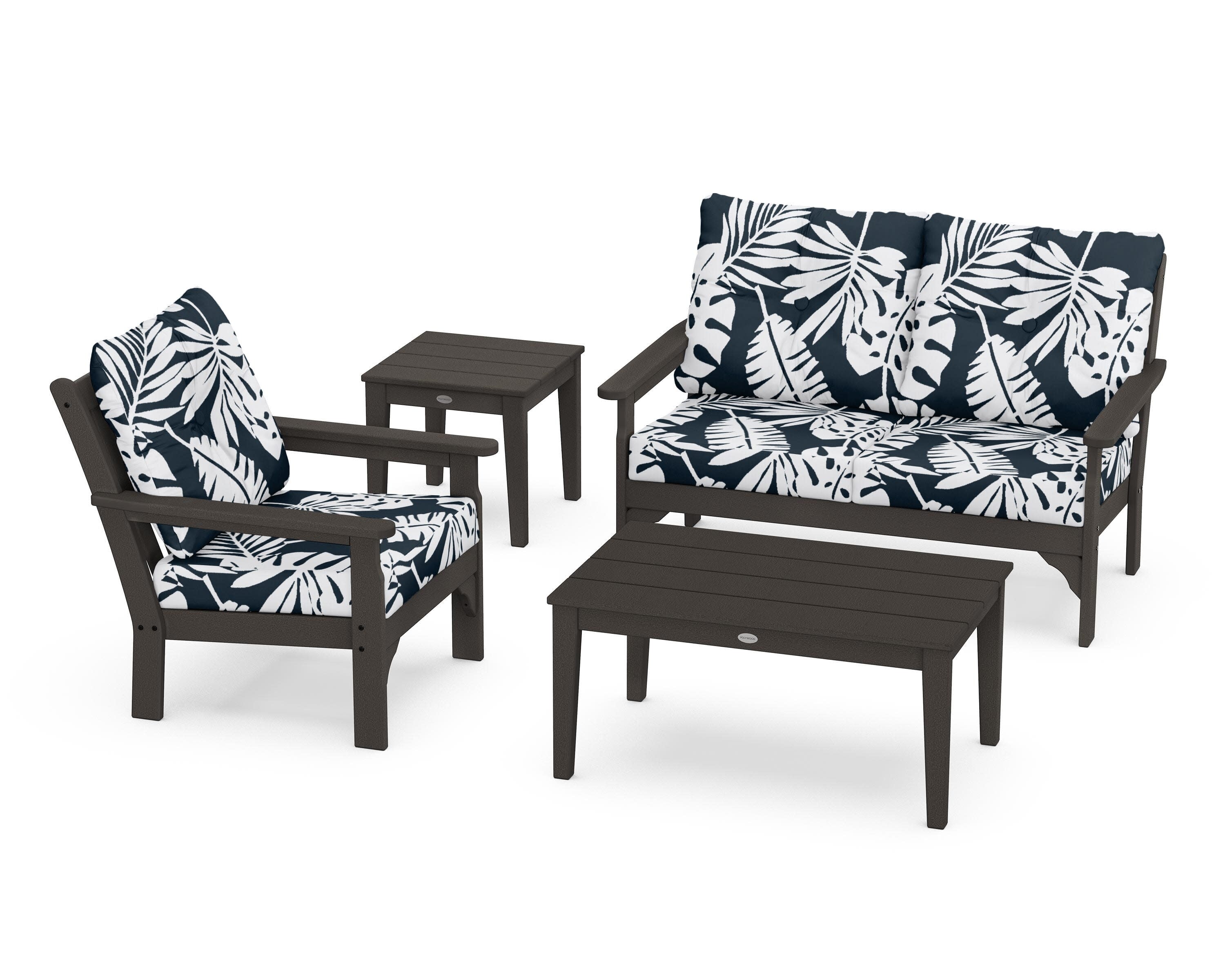 Vineyard 4-Piece Deep Seating Set in Vintage Coffee / Leaf Marine Indigo