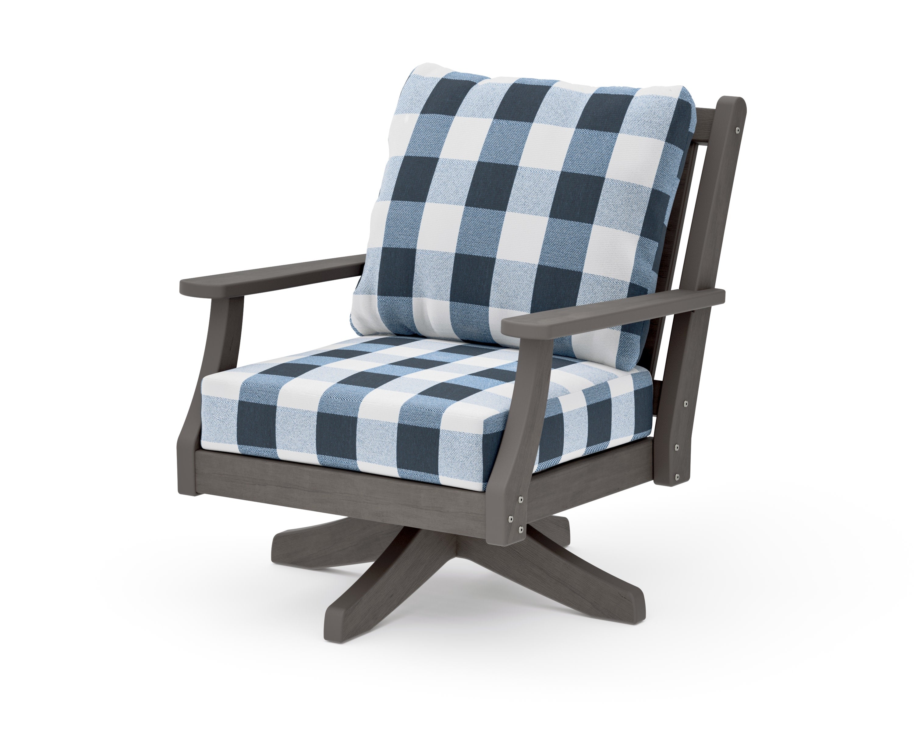 Wovendale Deep Seating Swivel Chair in Driftwood / Buffalo Plaid Marine Indigo