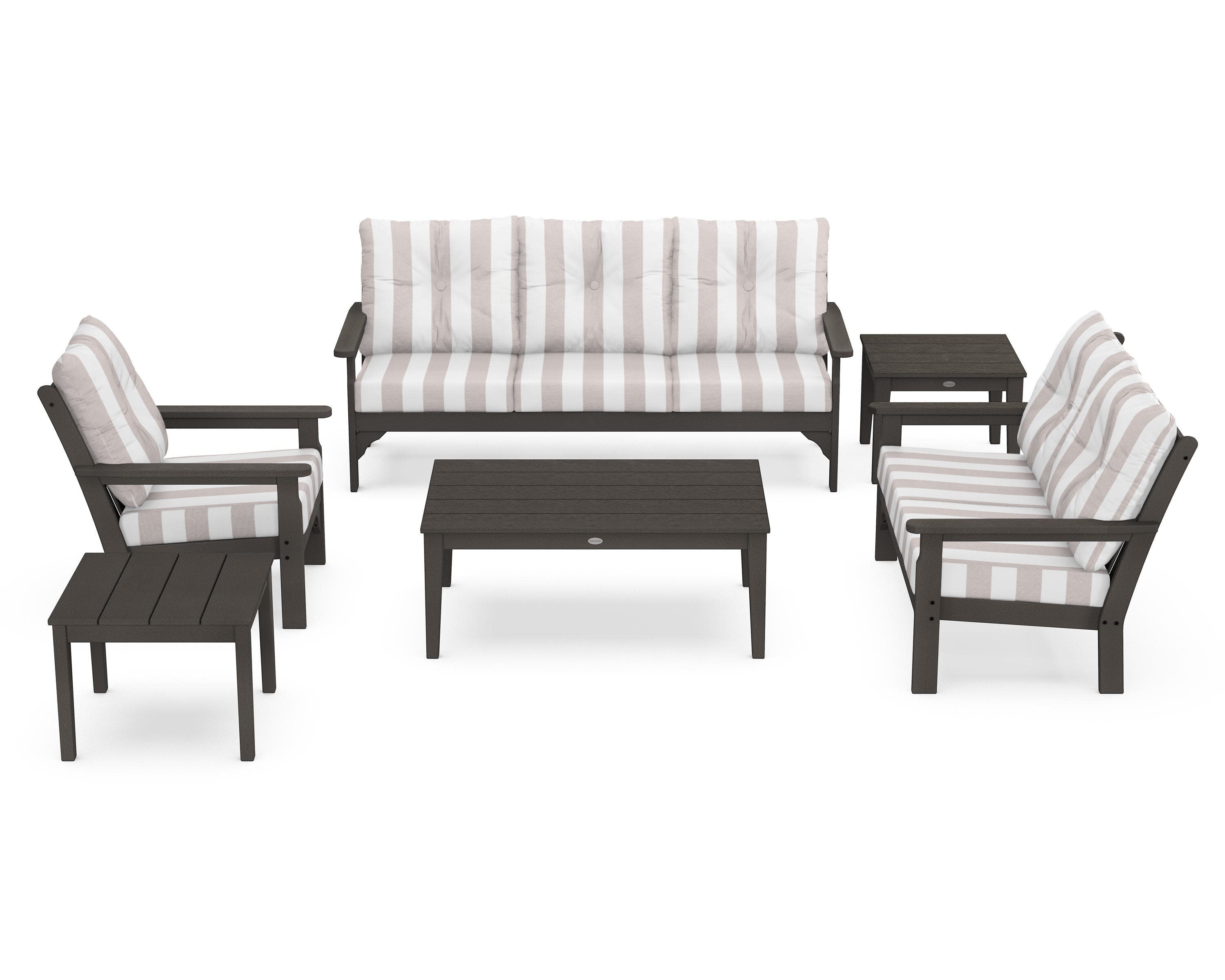 Vineyard 6-Piece Deep Seating Set in Vintage Coffee / Cabana Stripe Dune Burlap