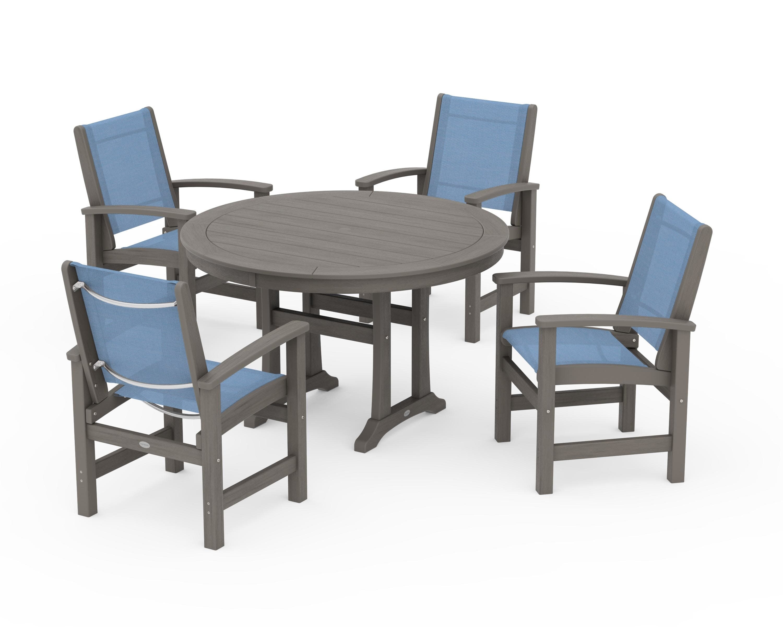 Coastal 5-Piece Round Dining Set with Trestle Legs in Driftwood / Poolside Sling