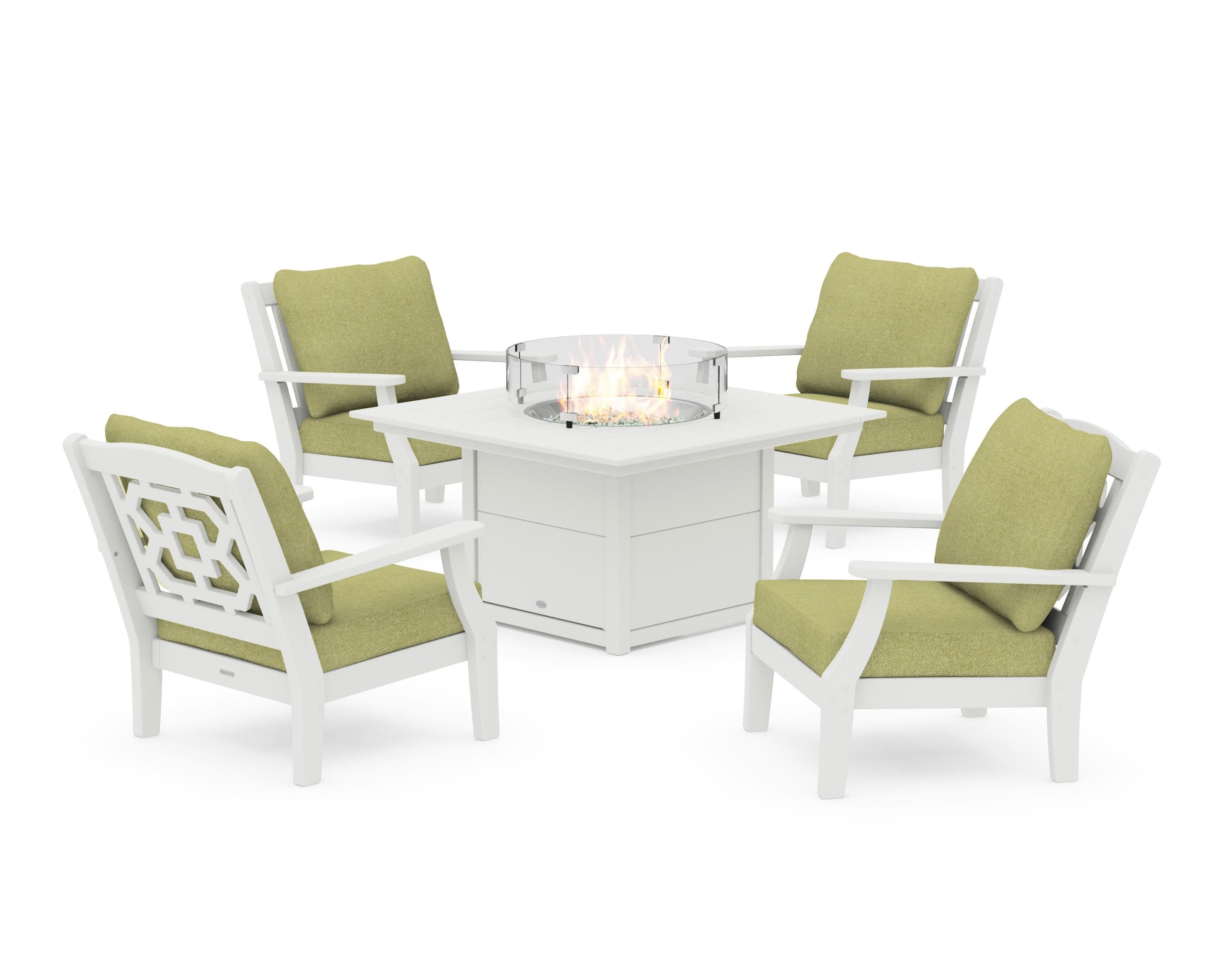 Chinoiserie 5-Piece Deep Seating Set with Fire Pit Table in Vintage White / Chartreuse Boucle