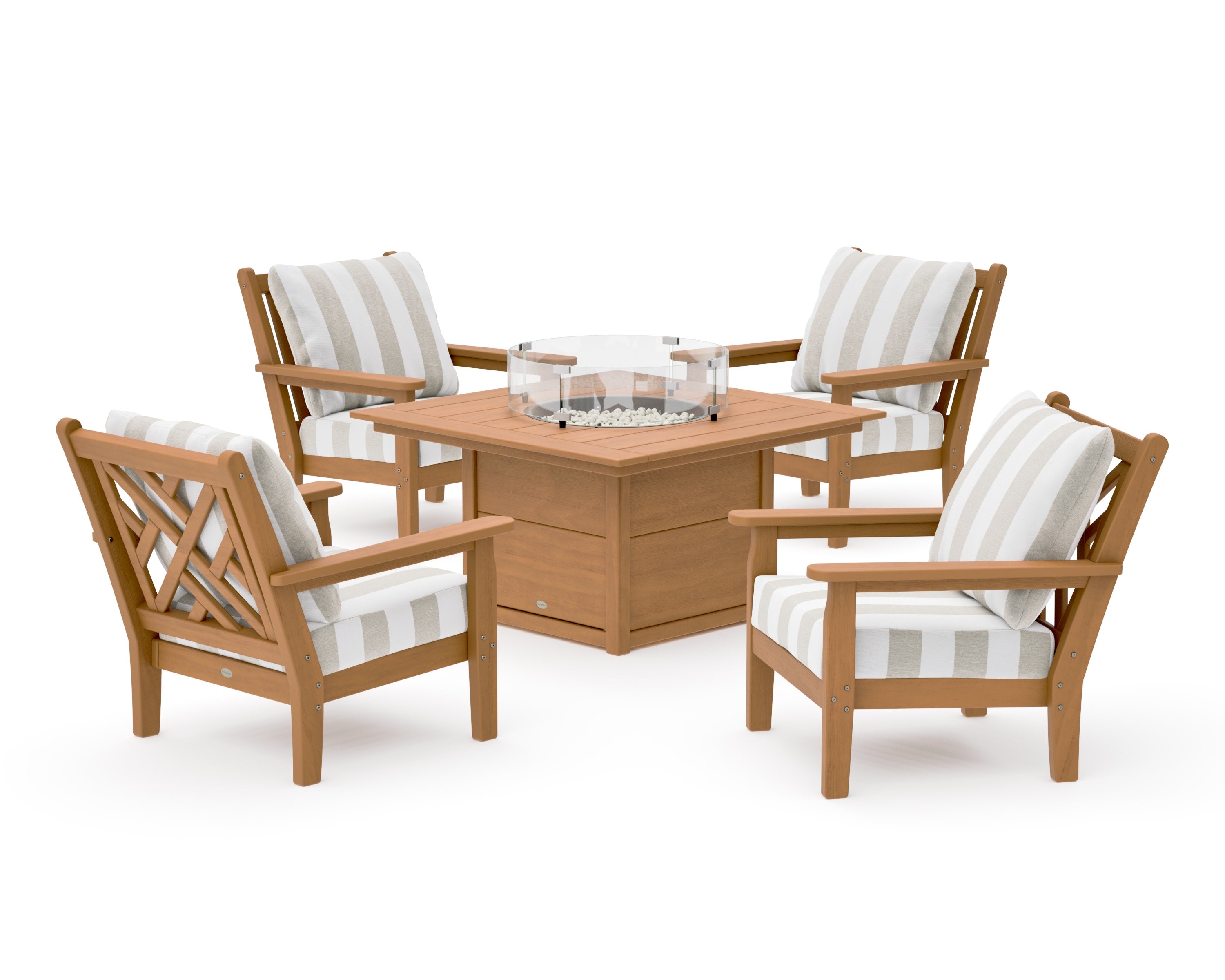 Chippendale 5-Piece Deep Seating Set with Fire Pit Table in Natural / Cabana Stripe Dune Burlap
