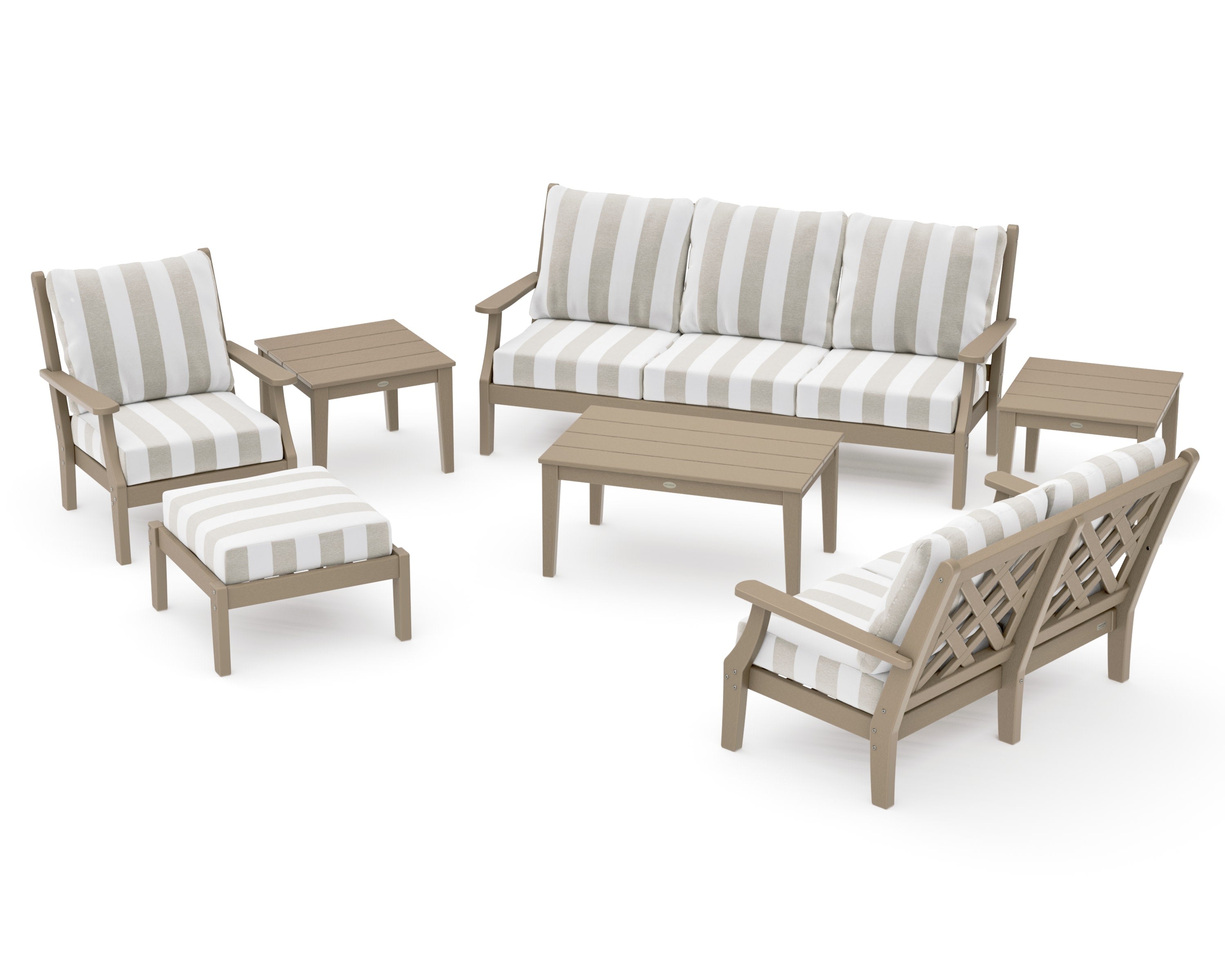 Wovendale 7-Piece Deep Seating Set in Vintage Sahara / Cabana Stripe Dune Burlap