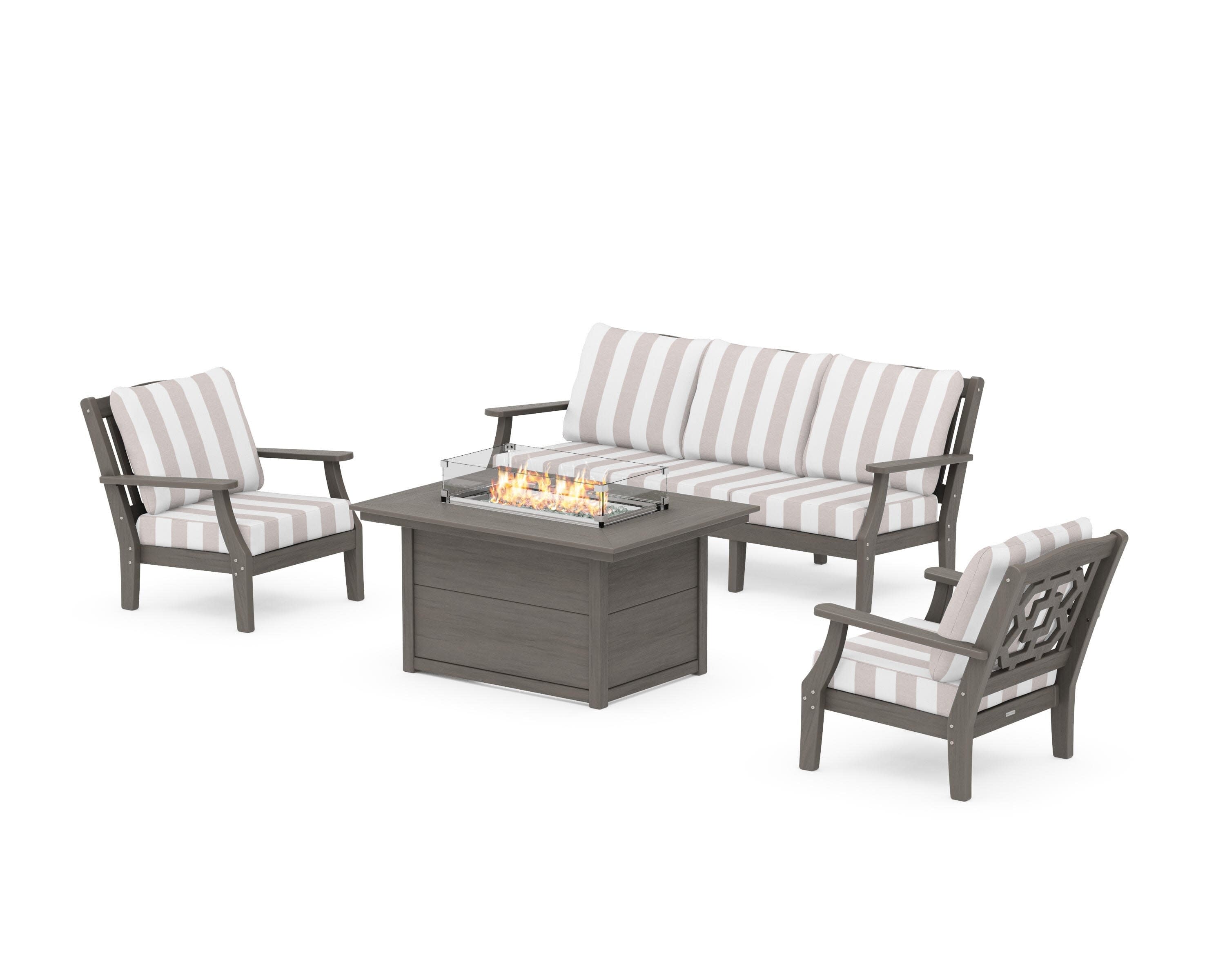 Chinoiserie Deep Seating Fire Pit Table Set in Driftwood / Cabana Stripe Dune Burlap
