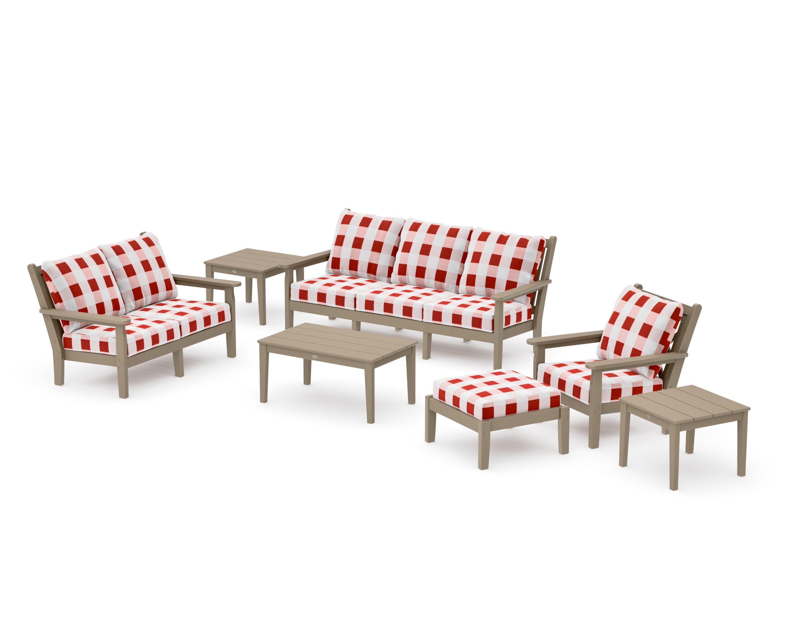 Chippendale 7-Piece Deep Seating Set in Vintage Sahara / Buffalo Plaid Crimson