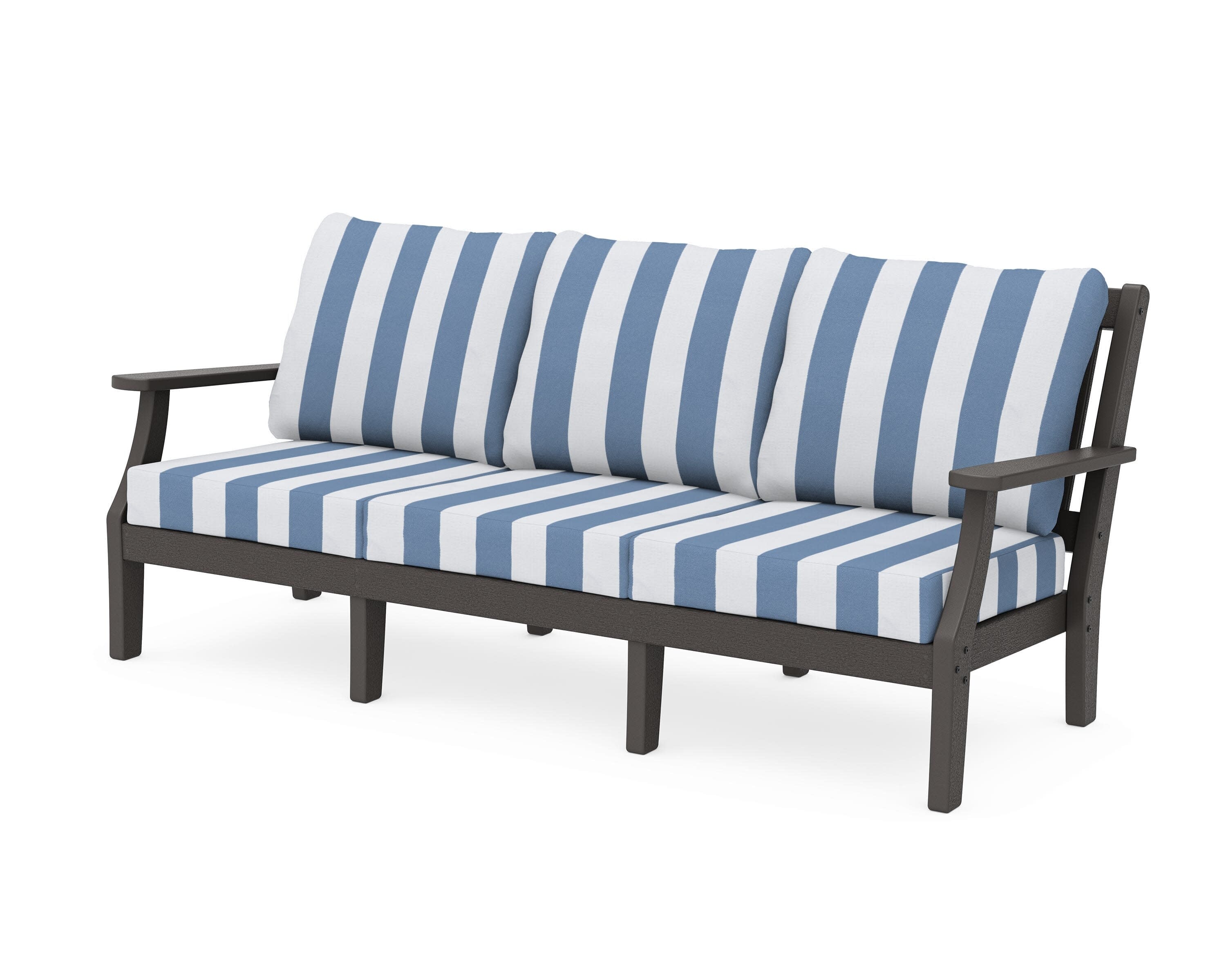 Chinoiserie Deep Seating Sofa in Vintage Coffee / Cabana Stripe Sky Blue