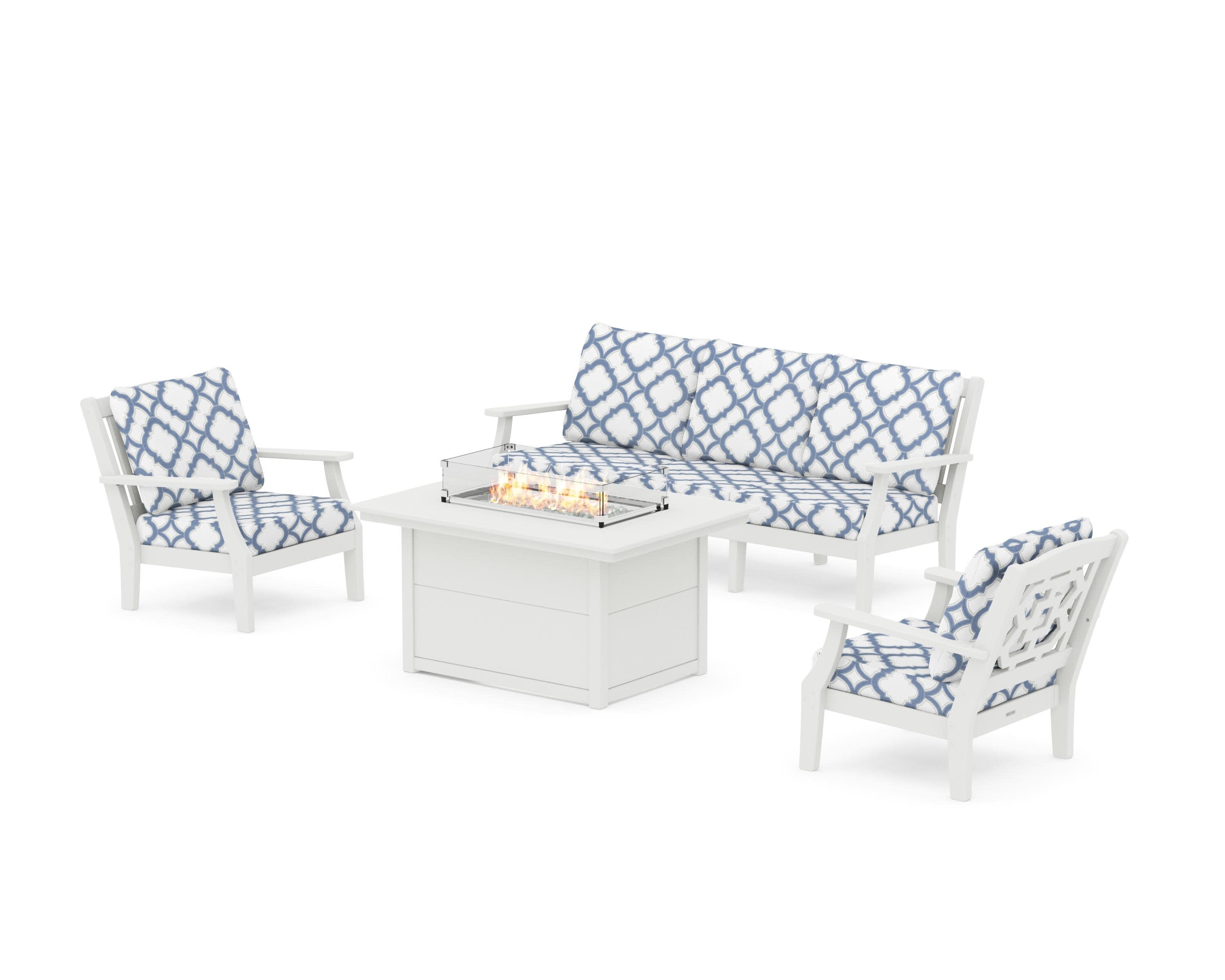 Chinoiserie Deep Seating Fire Pit Table Set in Vintage White / Trellis Sky Blue