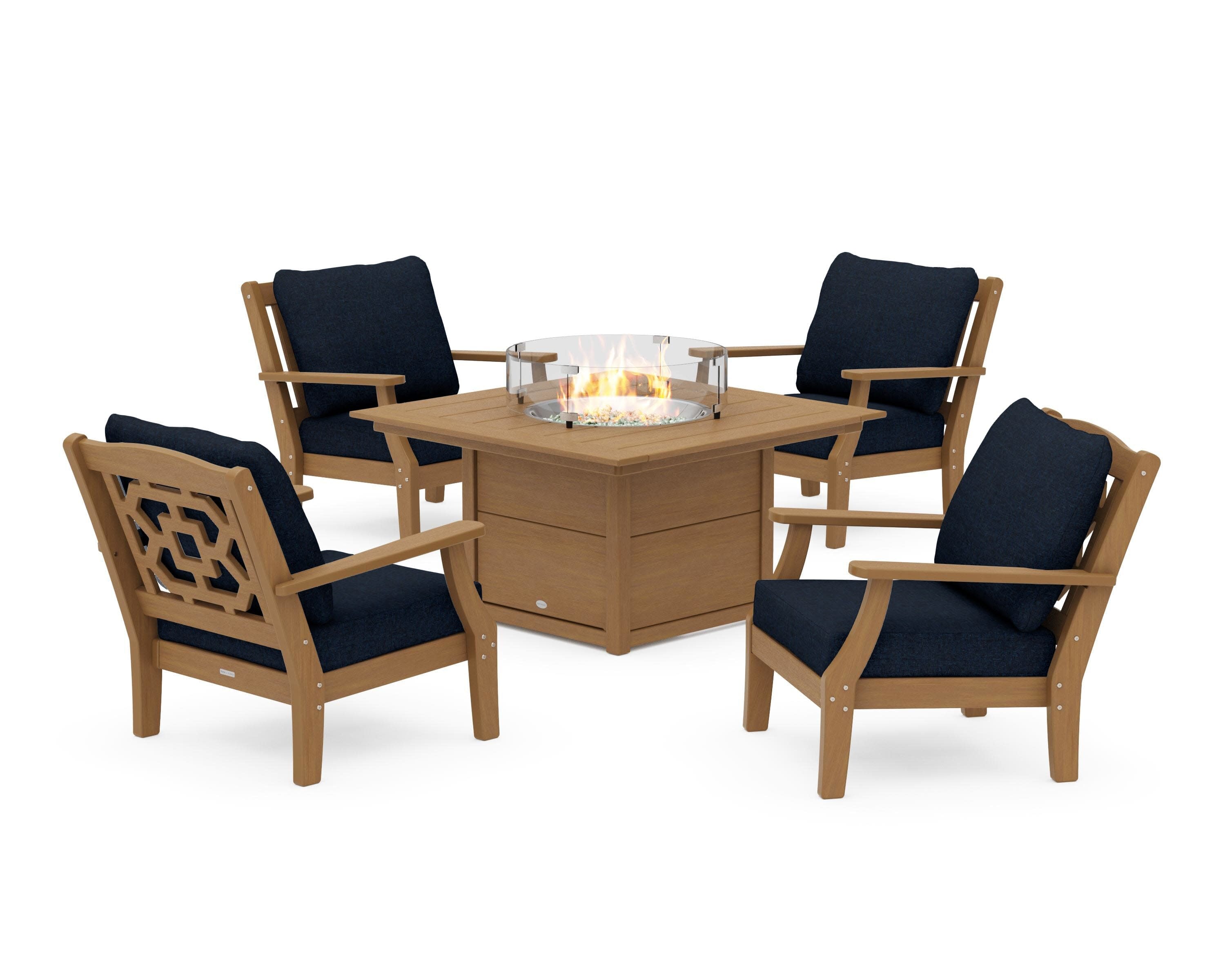 Chinoiserie 5-Piece Deep Seating Set with Fire Pit Table in Natural / Marine Indigo