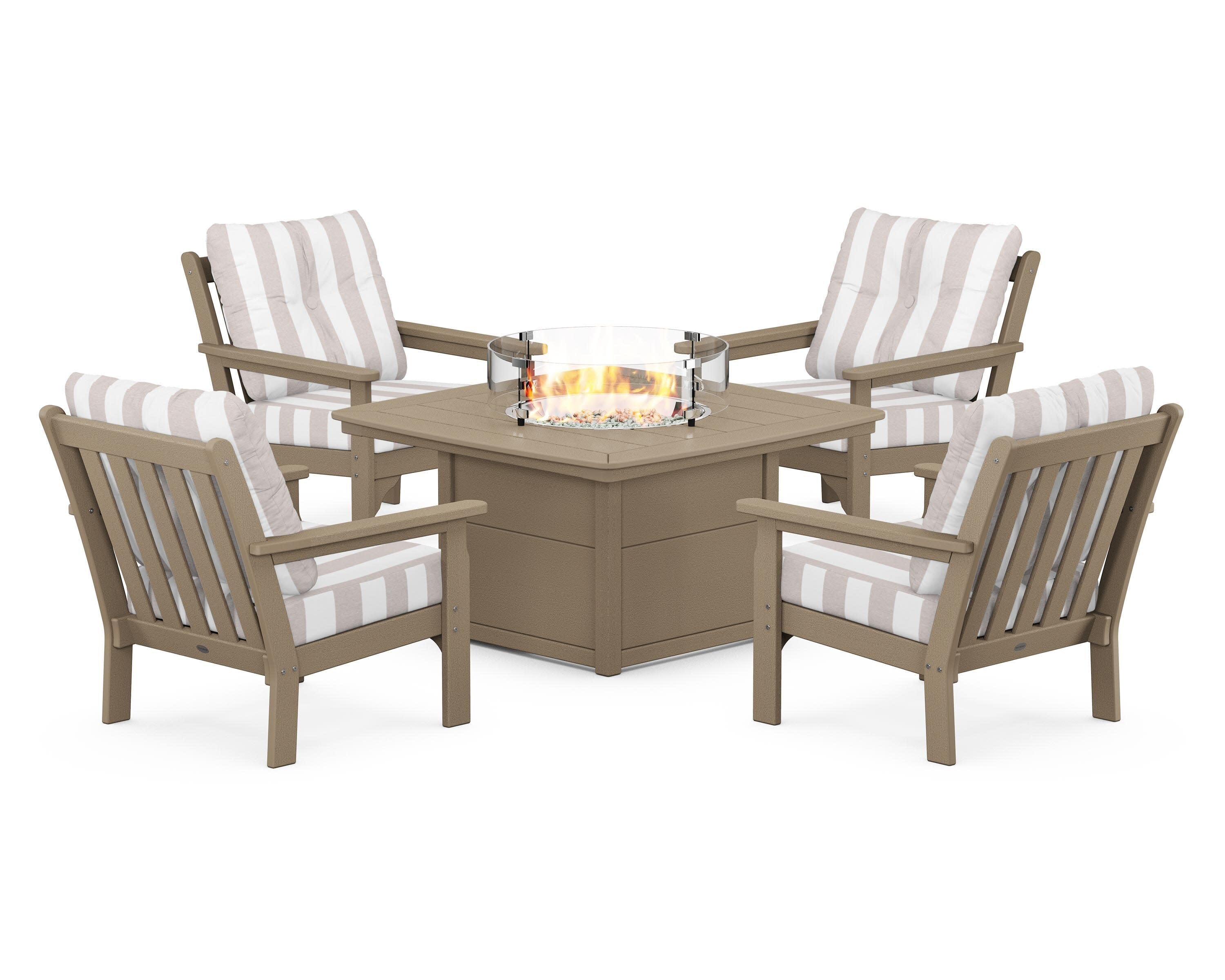 Vineyard 5-Piece Conversation Set with Fire Pit Table in Vintage Sahara / Cabana Stripe Dune Burlap