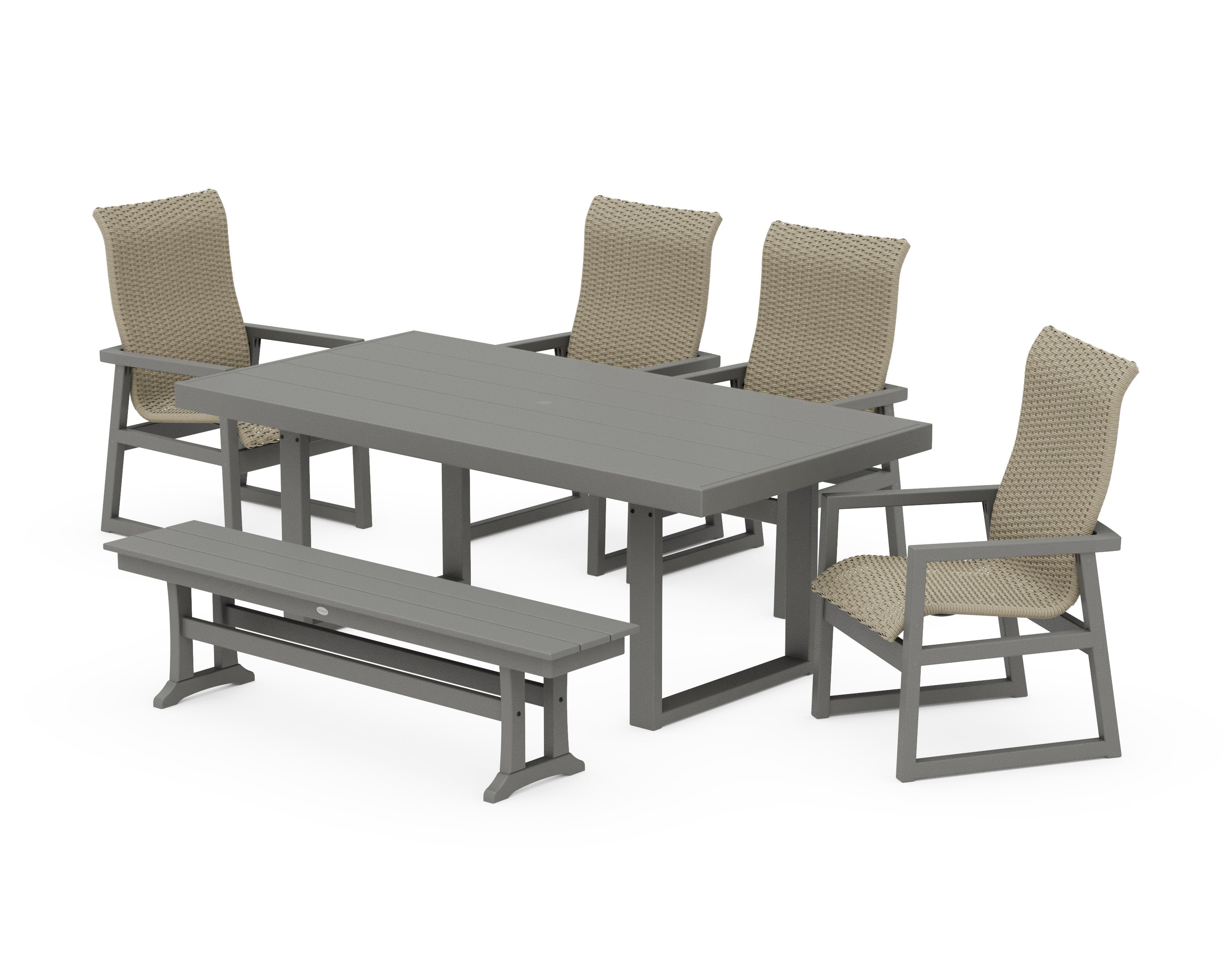EDGE Woven Highback 6-Piece Dining Set with Bench in Slate Grey / Dune Grass