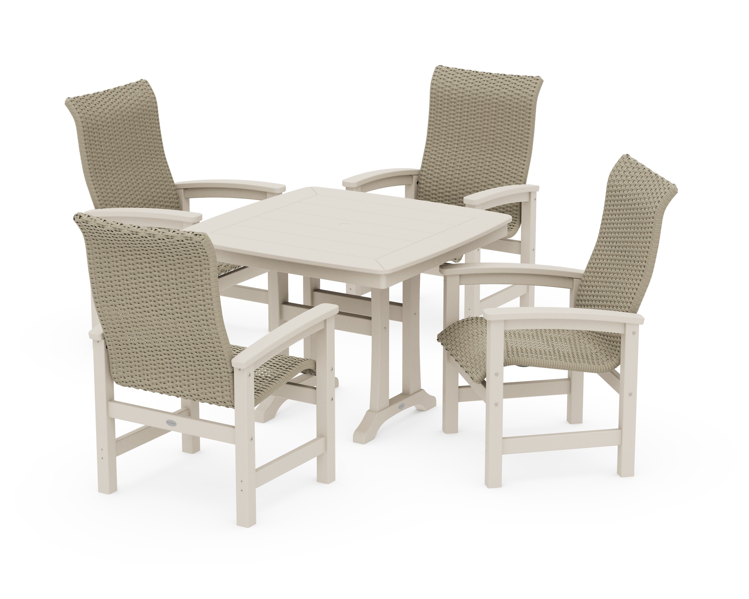 Coastal Woven High-Back 5-Piece Dining Set with Trestle Legs in Sand / Dune Grass