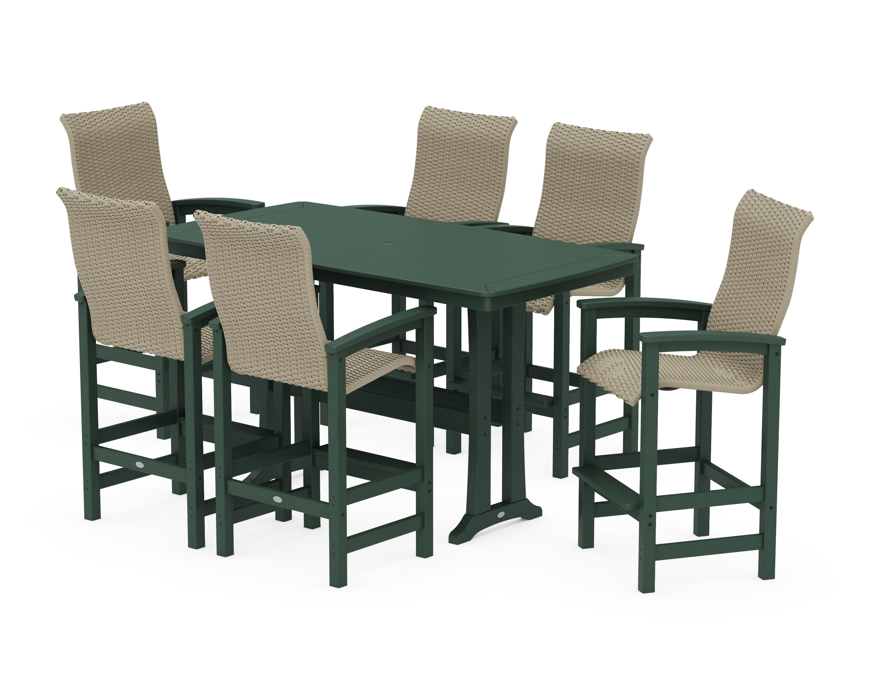 Coastal Woven High-Back Arm Chair 7-Piece Bar Set with Trestle Legs in Green / Dune Grass