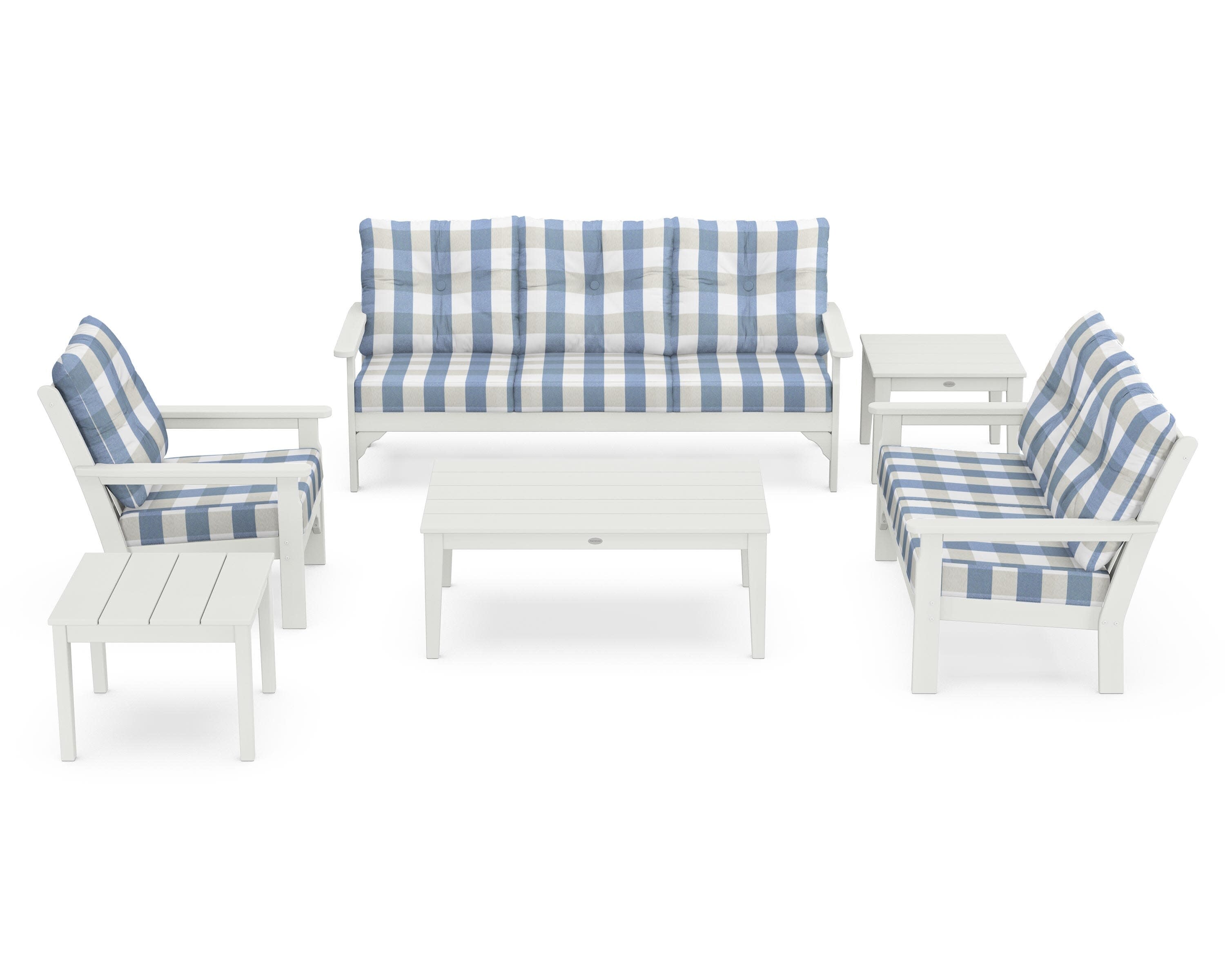 Vineyard 6-Piece Deep Seating Set in Vintage White / Buffalo Plaid Sky Blue