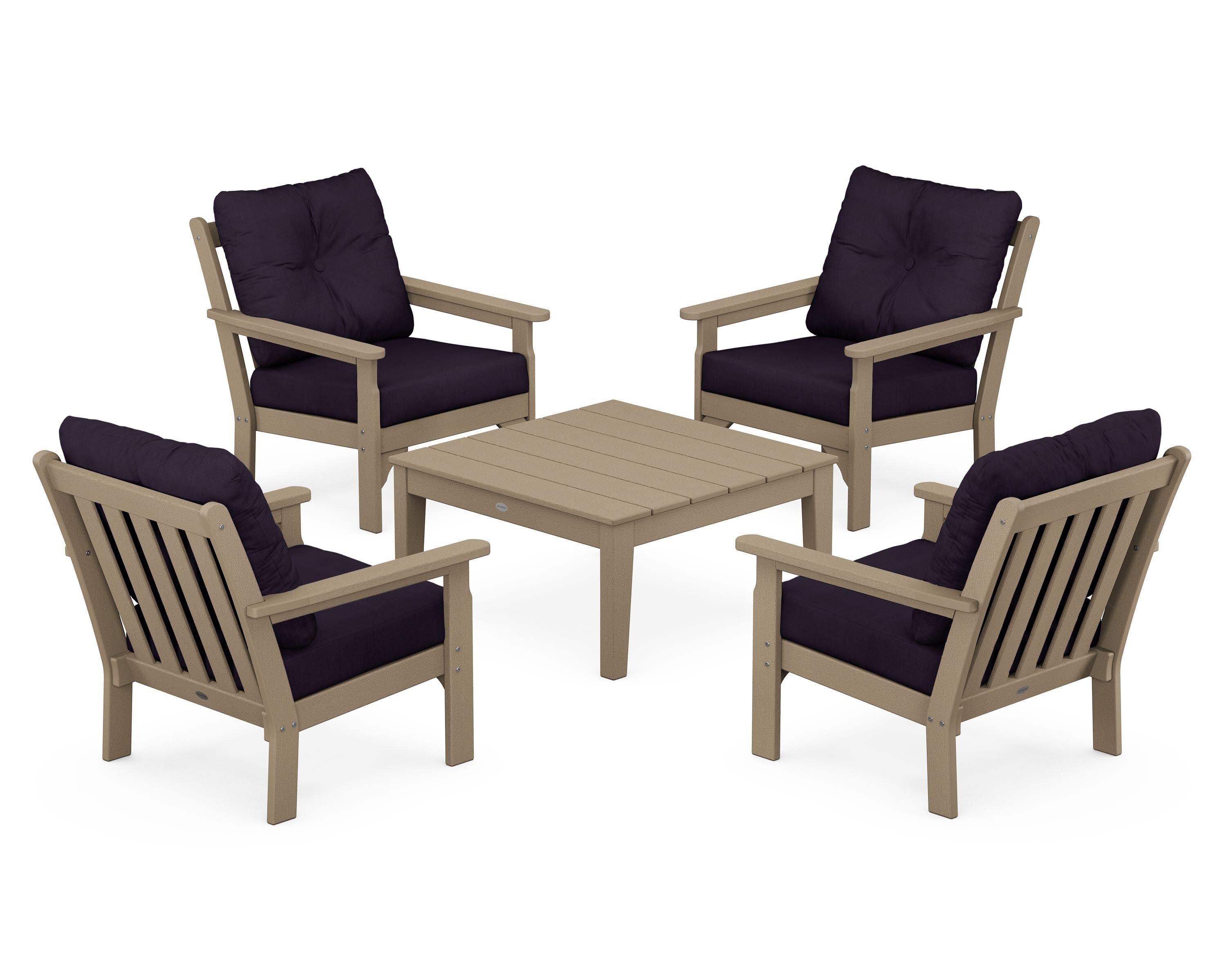 Vineyard 5-Piece Deep Seating Conversation Set in Vintage Sahara / Navy Linen