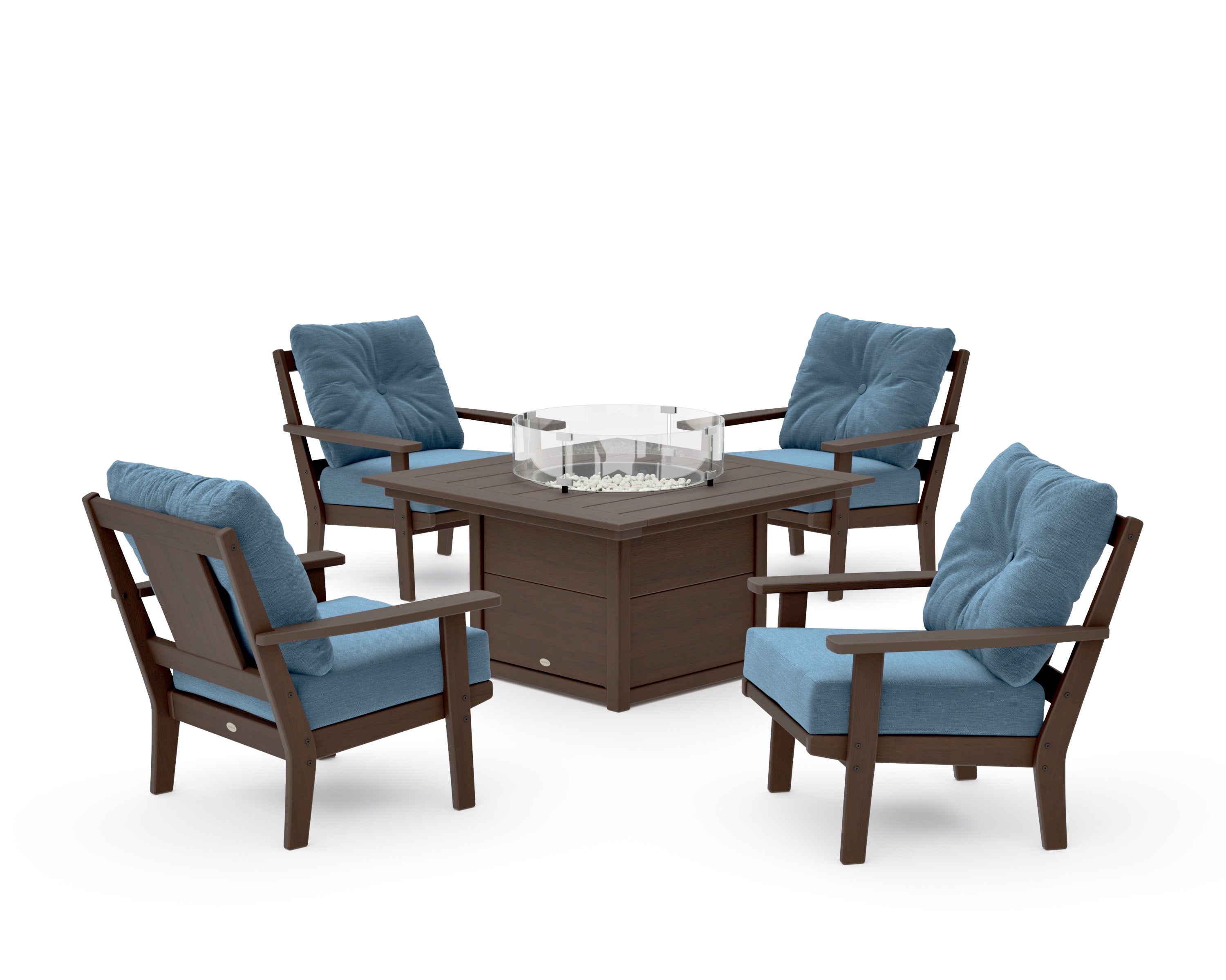 Prairie 5-Piece Deep Seating Set with Fire Pit Table in Kona / Sky Blue