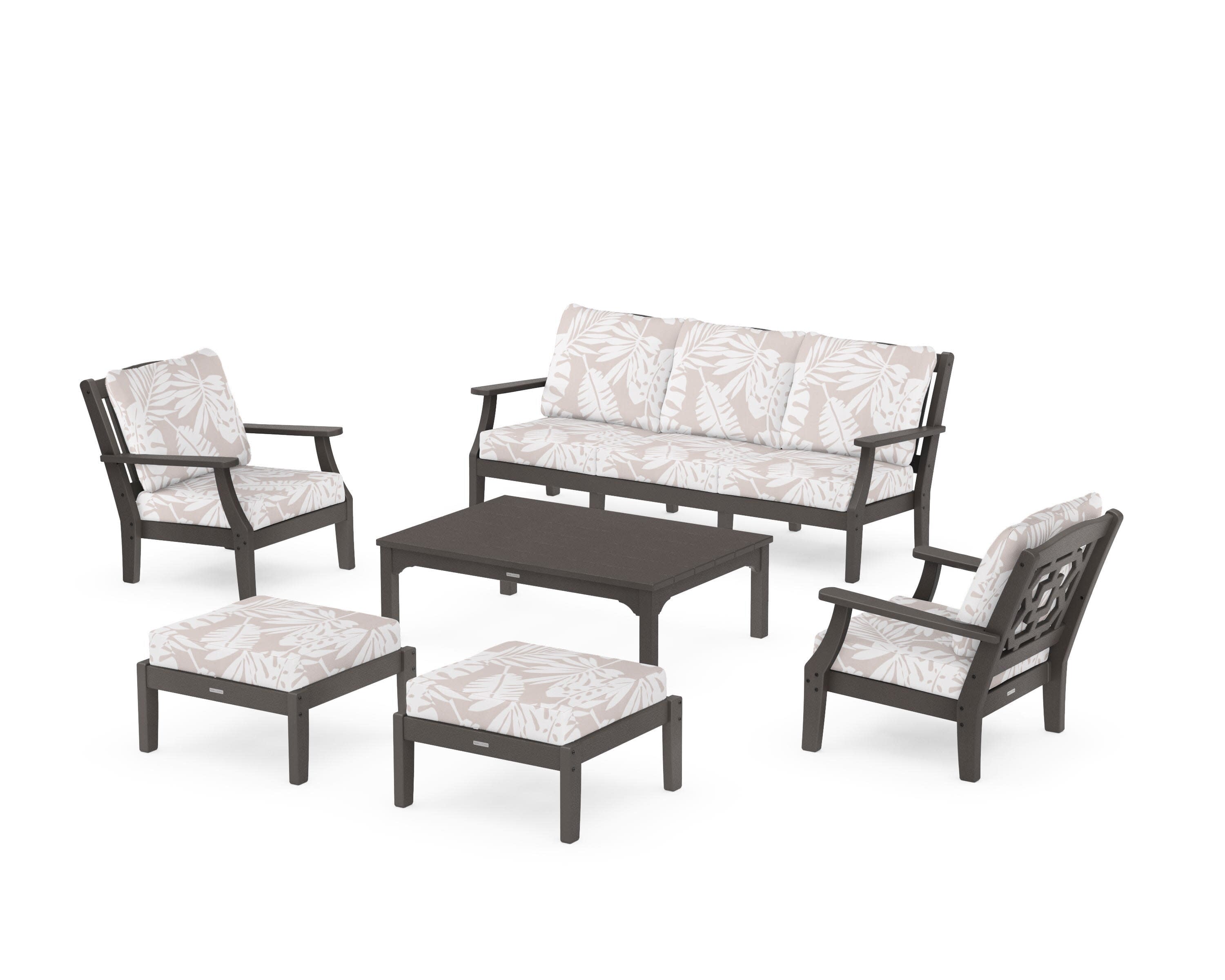 Chinoiserie 6-Piece Lounge Sofa Set in Vintage Coffee / Leaf Dune Burlap