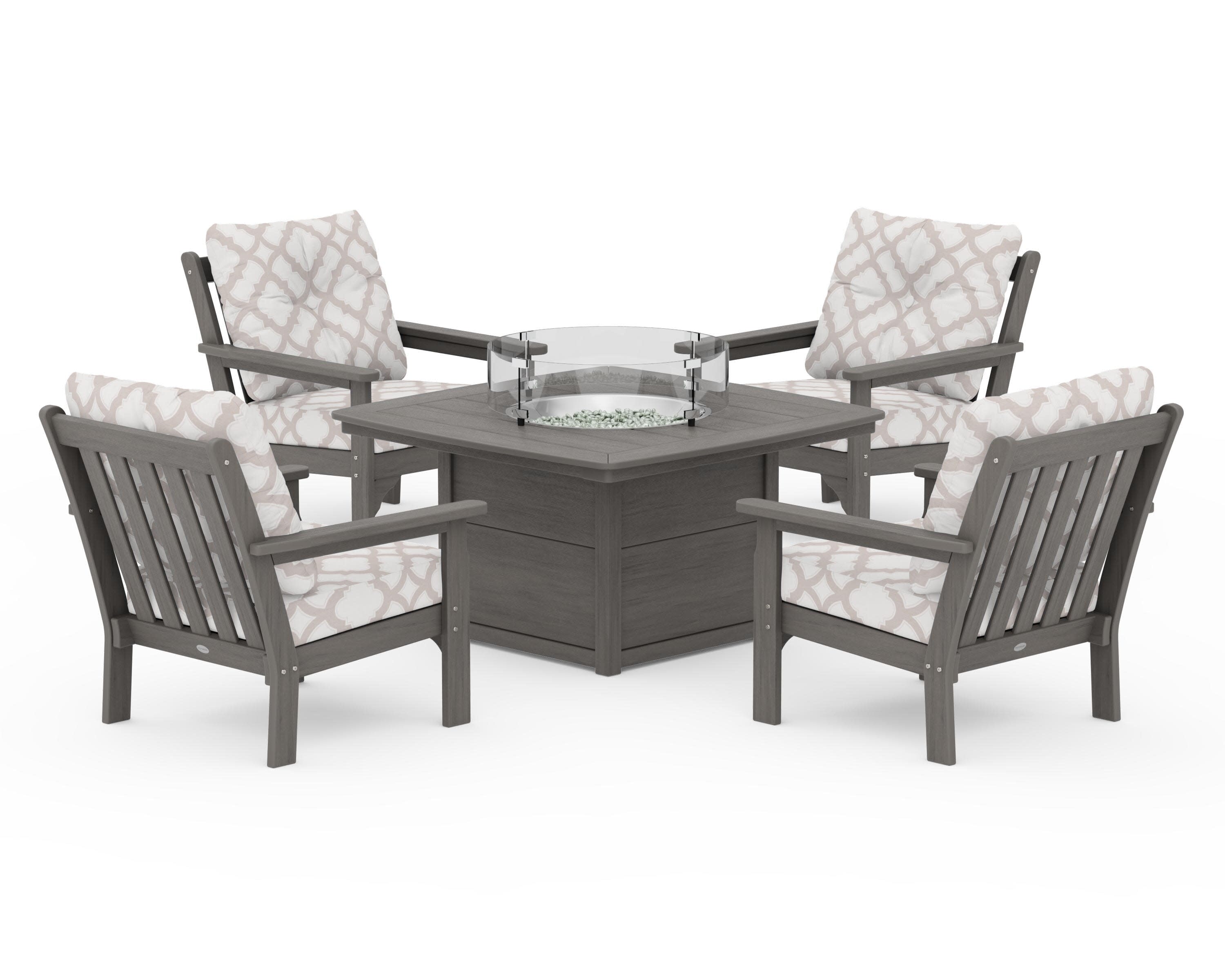 Vineyard 5-Piece Conversation Set with Fire Pit Table in Driftwood / Trellis Dune Burlap