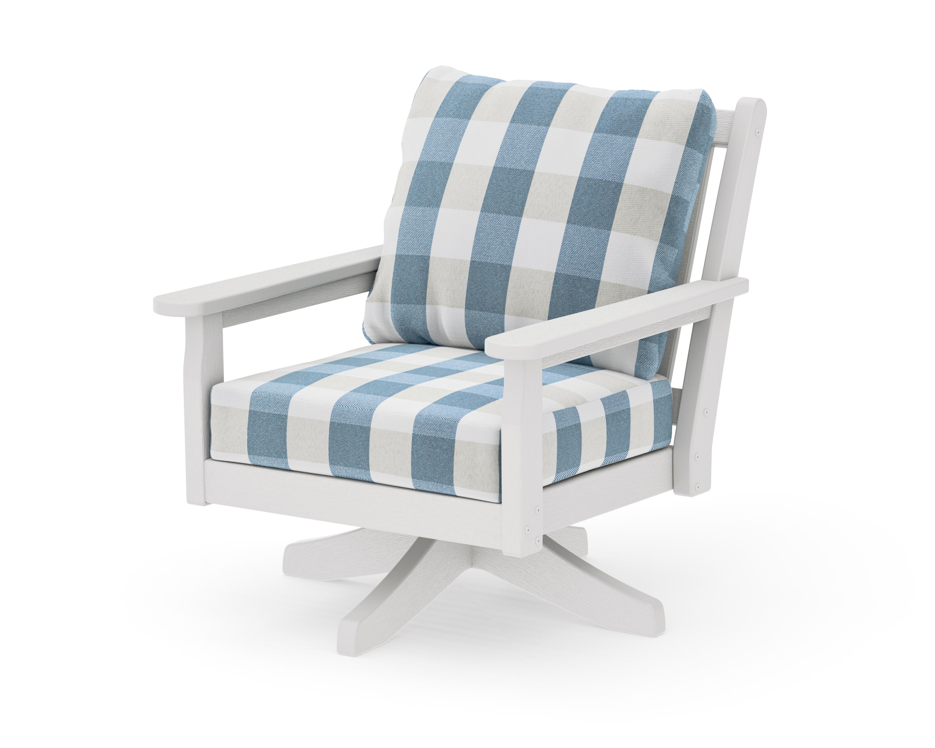 Chippendale Deep Seating Swivel Chair in Vintage White / Buffalo Plaid Sky Blue