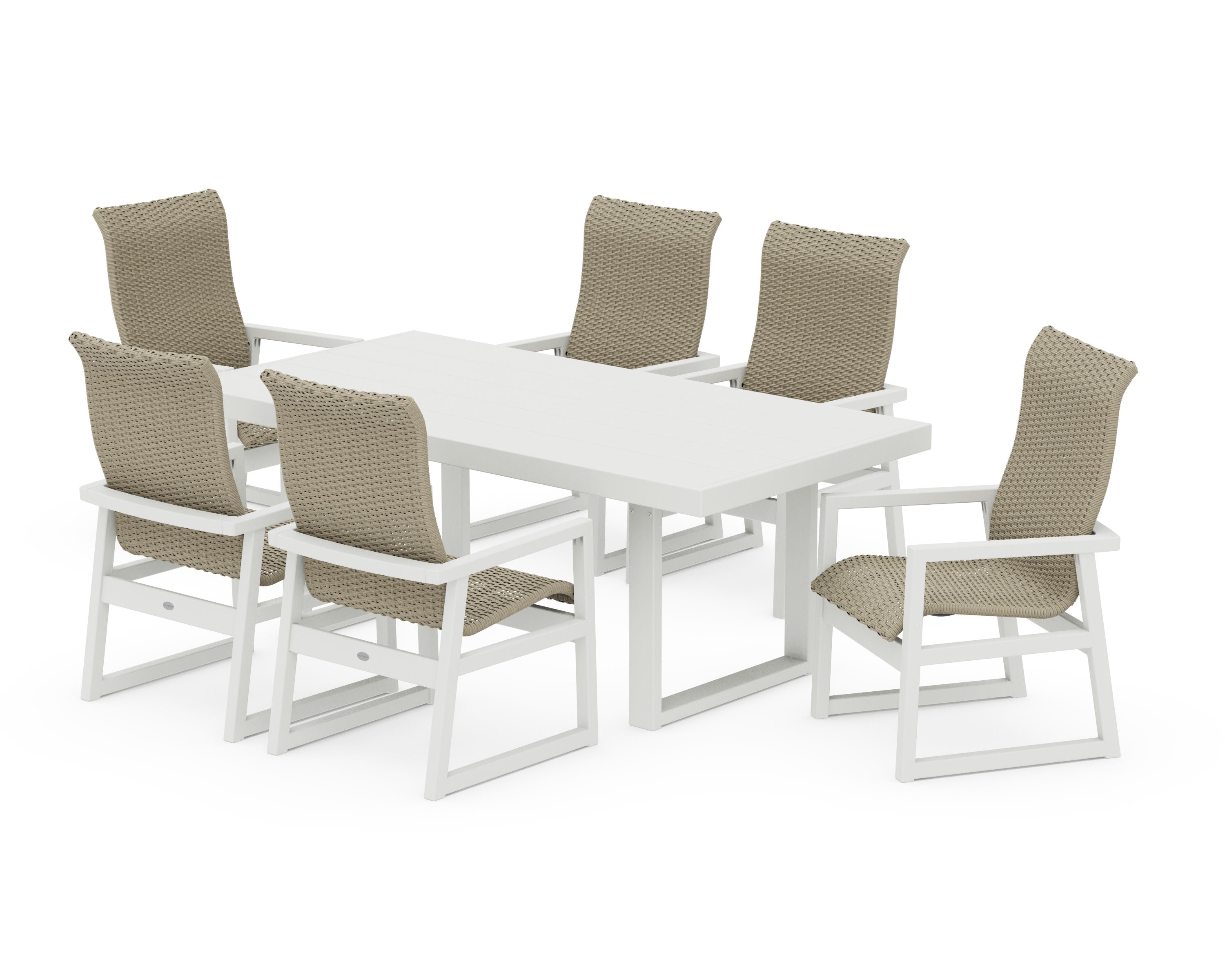 EDGE Woven Highback Arm Chair 7-Piece Dining Set in White / Dune Grass