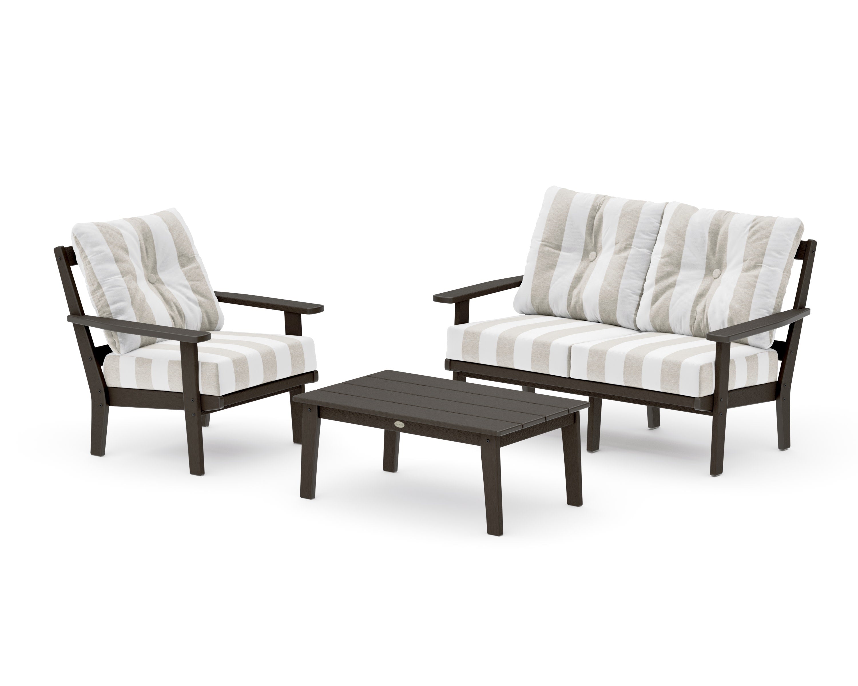 Prairie 3-Piece Deep Seating Set with Loveseat in Vintage Coffee / Cabana Stripe Dune Burlap