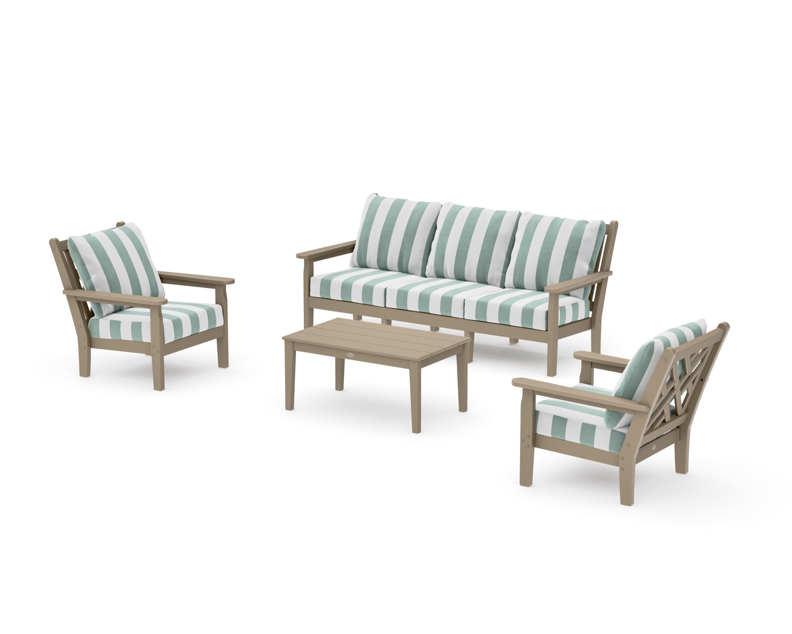 Chippendale 4-Piece Deep Seating Set with Sofa in Vintage Sahara / Cabana Stripe Glacier Spa