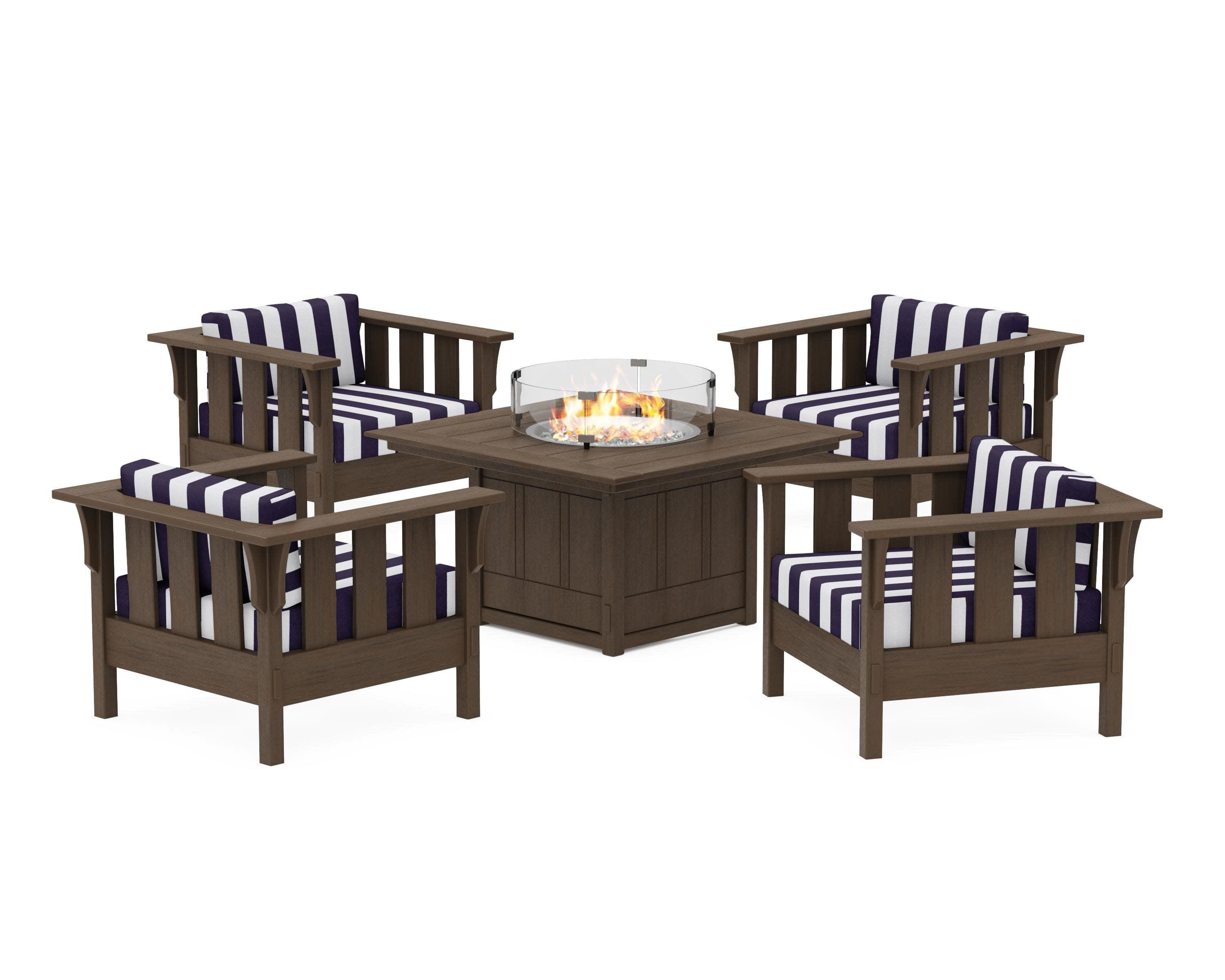 Acadia 5-Piece Deep Seating Set with Fire Pit Table in Kona / Cabana Stripe Navy