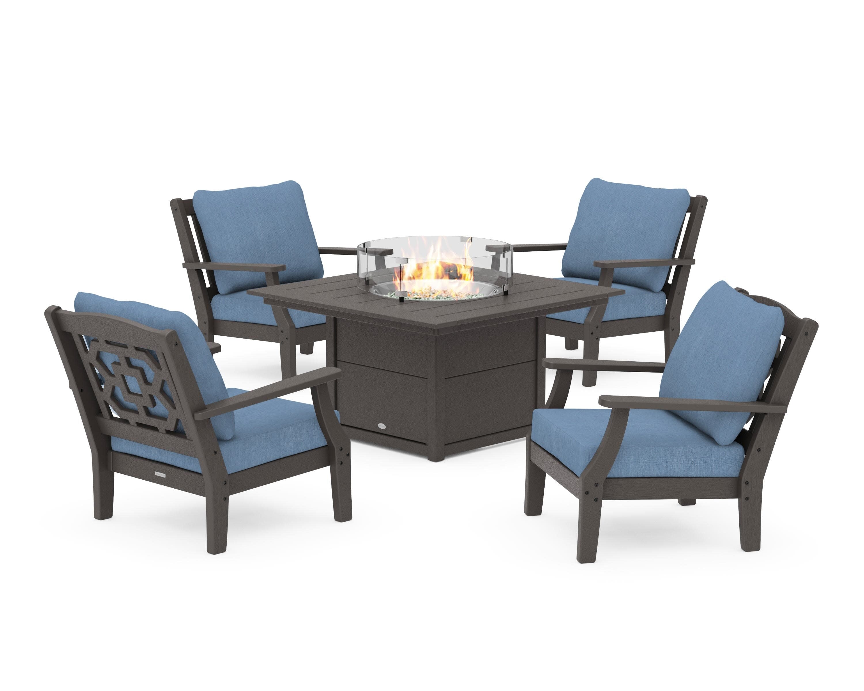 Chinoiserie 5-Piece Deep Seating Set with Fire Pit Table in Vintage Coffee / Sky Blue