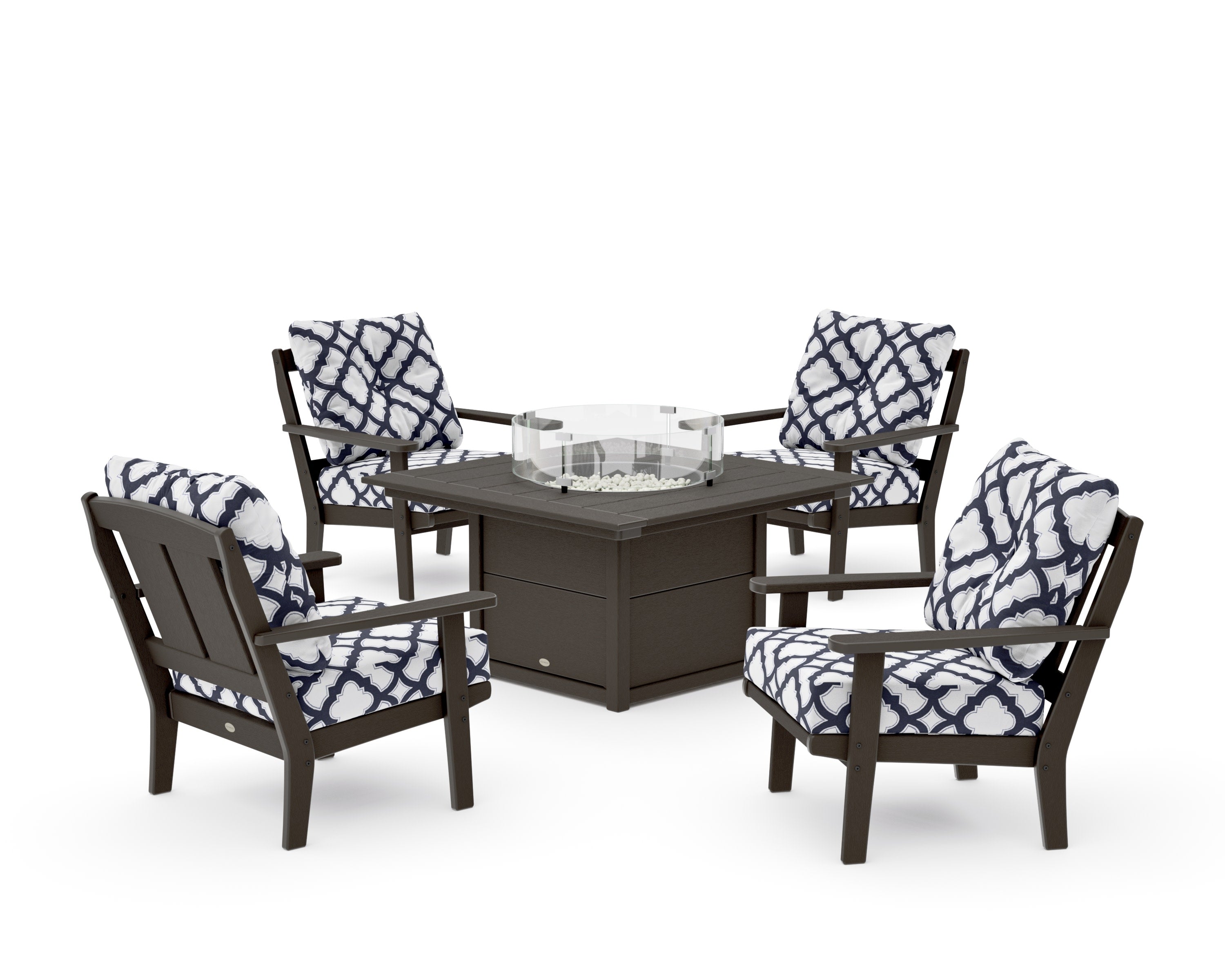 Mission 5-Piece Deep Seating Set with Fire Pit Table in Vintage Coffee / Trellis Navy