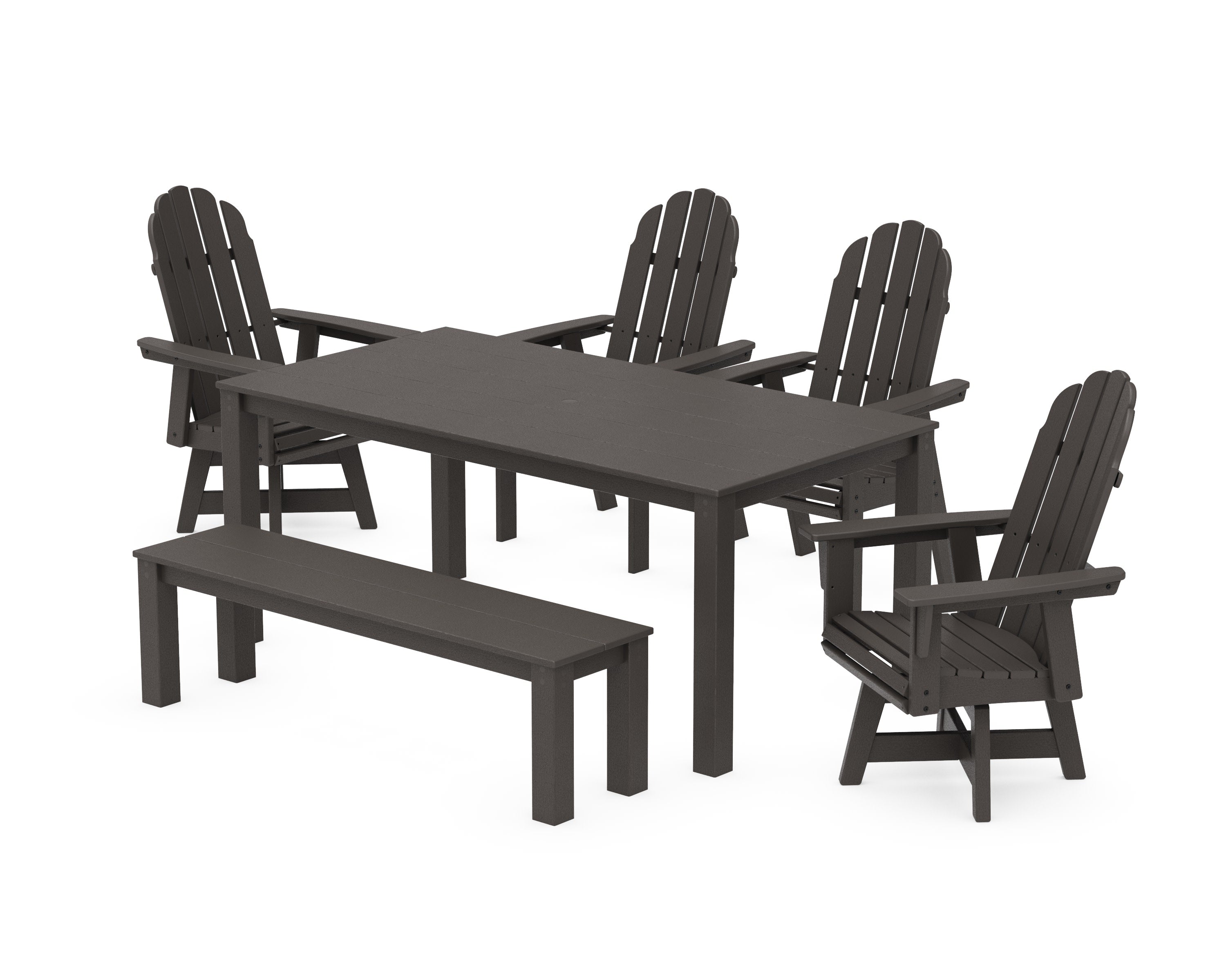 Vineyard Curveback Adirondack 6-Piece Parsons Swivel Dining Set with Bench in Vintage Coffee