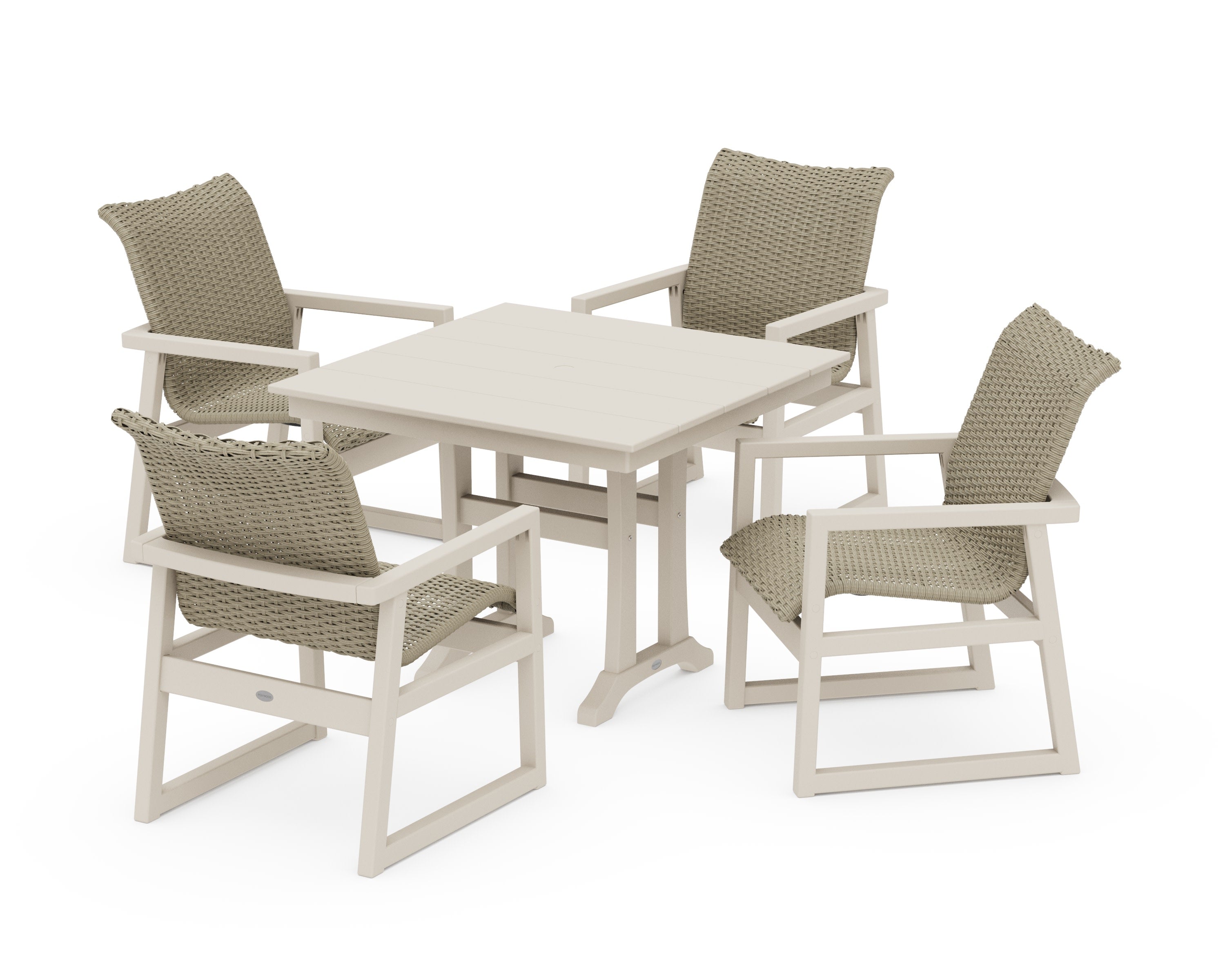 EDGE Woven 5-Piece Farmhouse Dining Set with Trestle Legs in Sand / Dune Grass