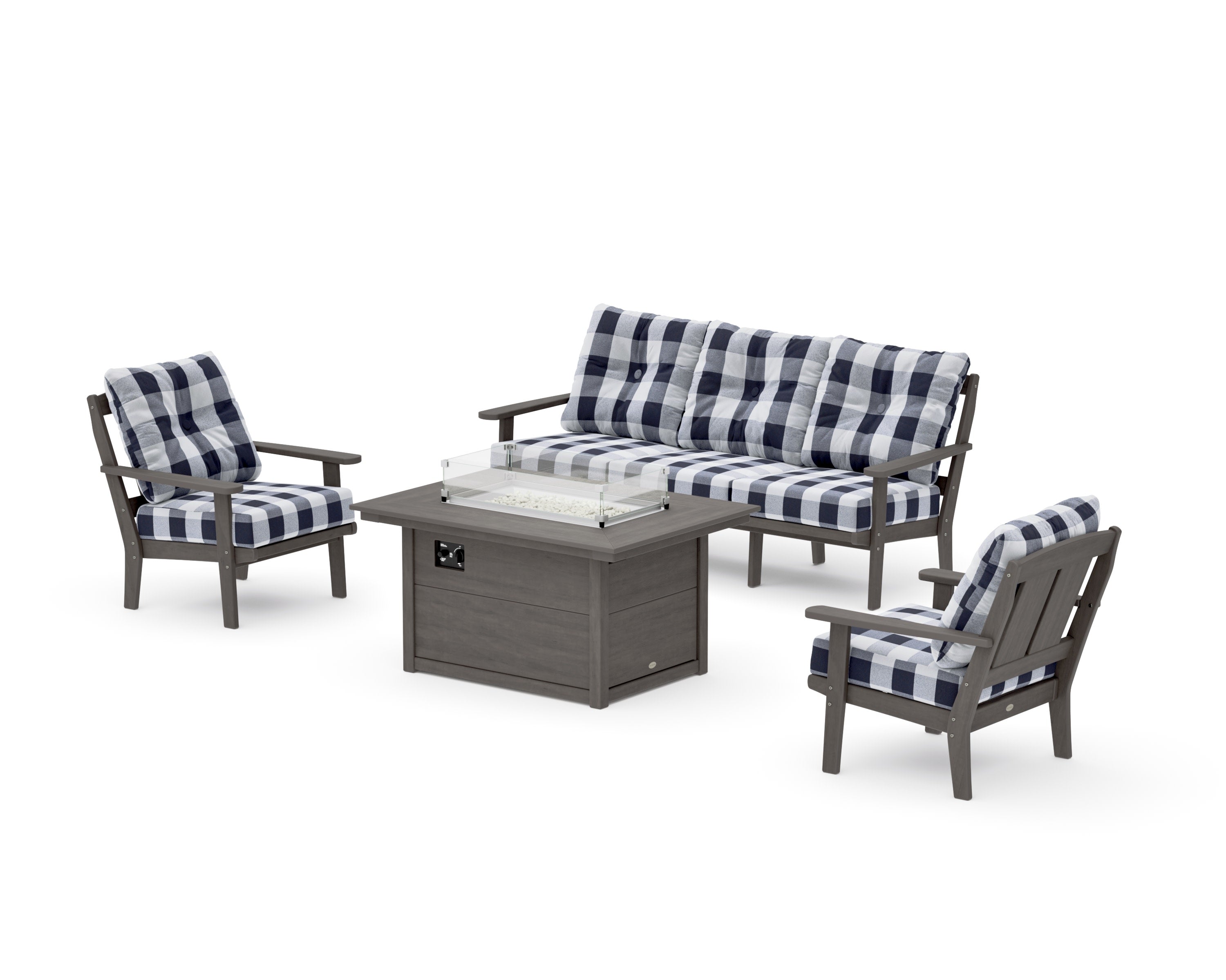 Mission Deep Seating Fire Pit Table Set in Driftwood / Buffalo Plaid Navy