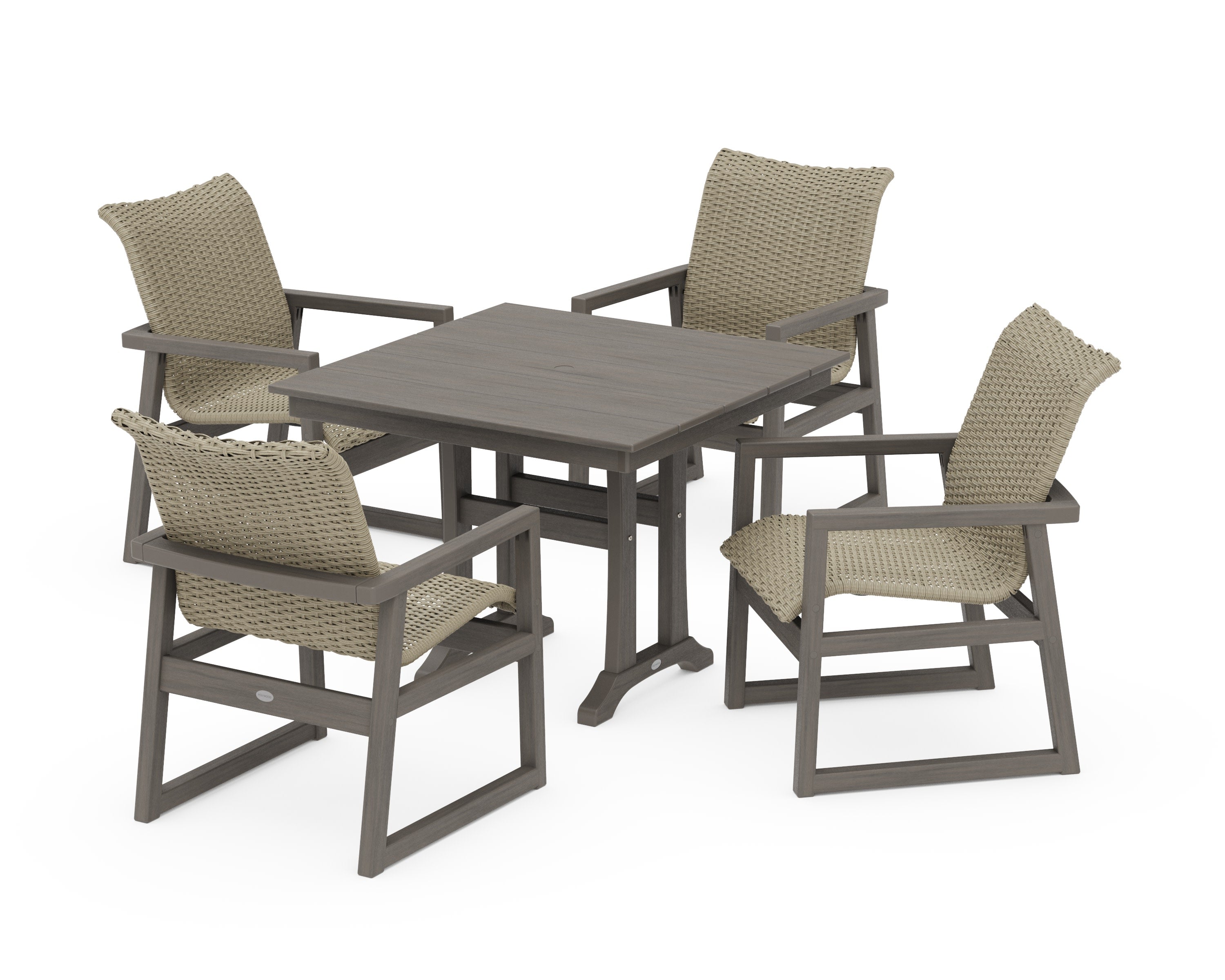 EDGE Woven 5-Piece Farmhouse Dining Set with Trestle Legs in Driftwood / Dune Grass