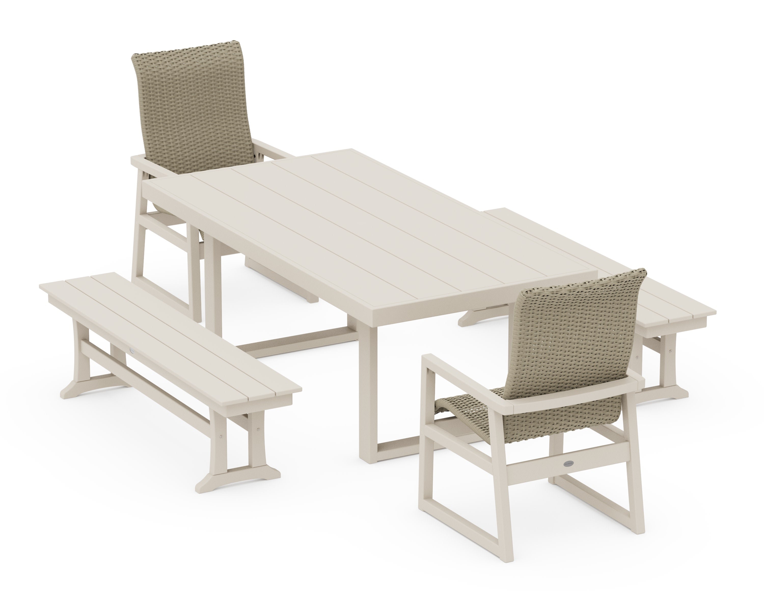 EDGE Woven Highback 5-Piece Dining Set with Benches in Sand / Dune Grass