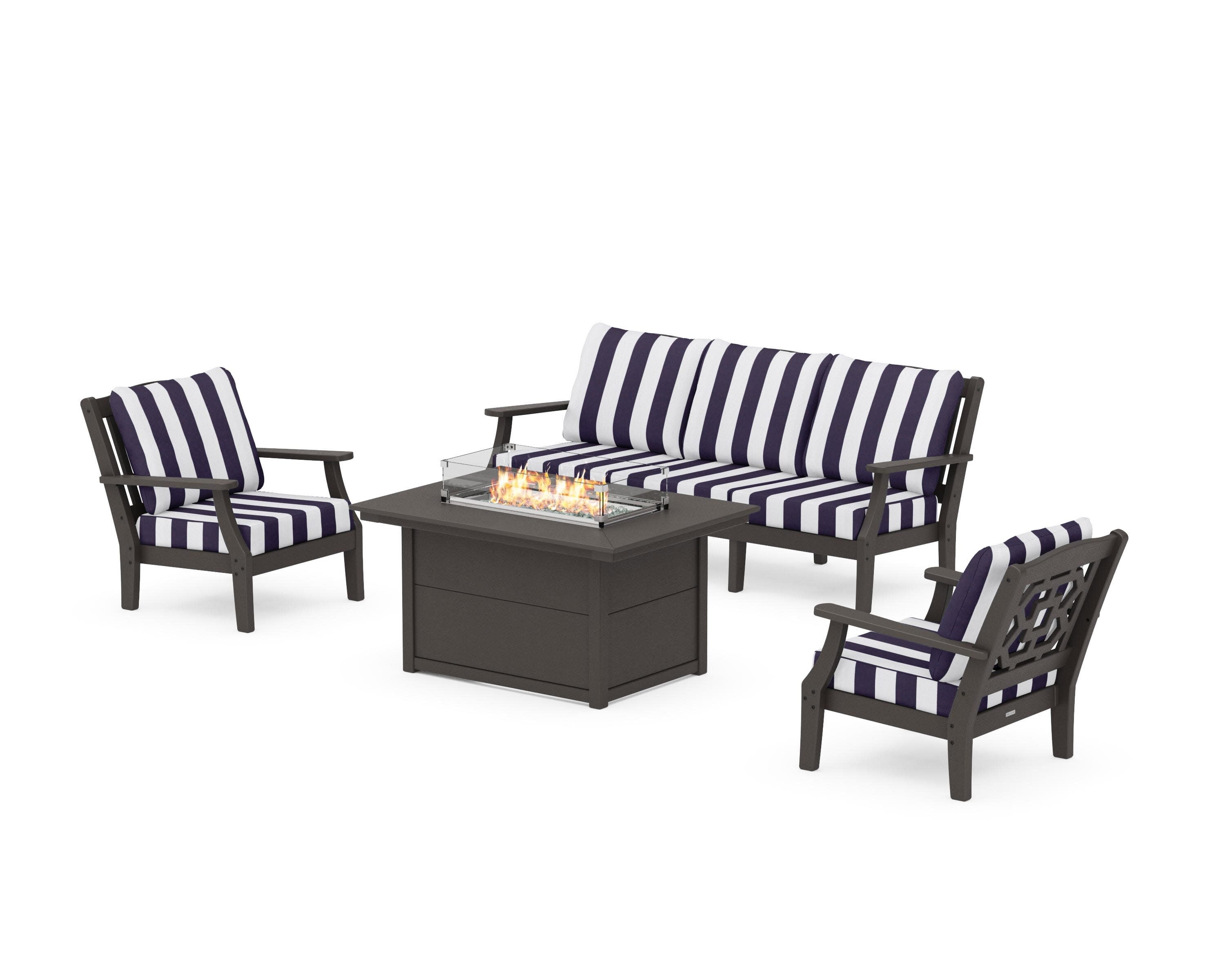 Chinoiserie Deep Seating Fire Pit Table Set in Vintage Coffee / Cabana Stripe Navy
