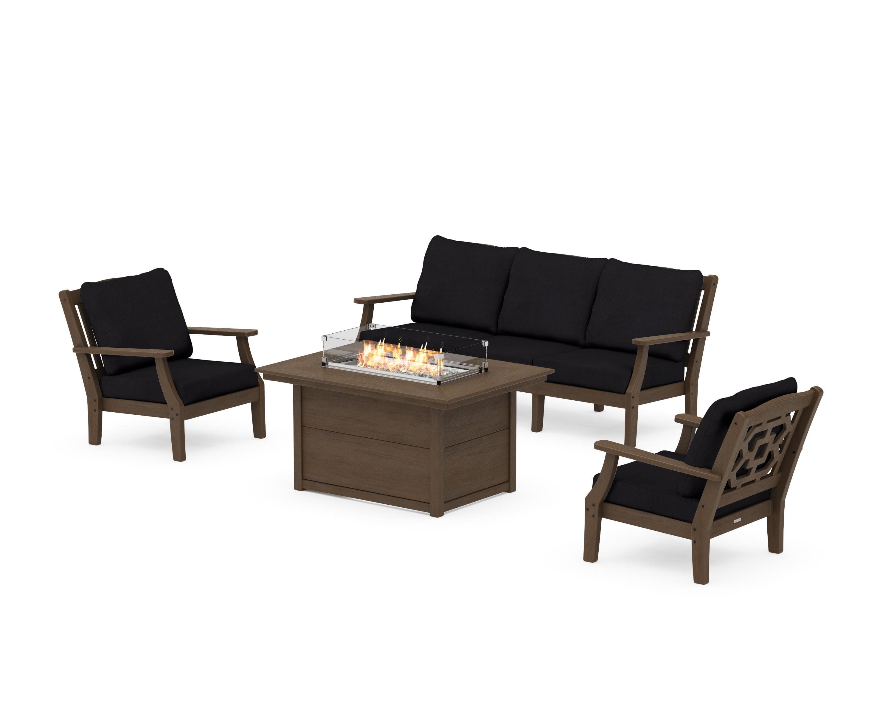 Chinoiserie Deep Seating Fire Pit Table Set in Kona / Midnight Linen