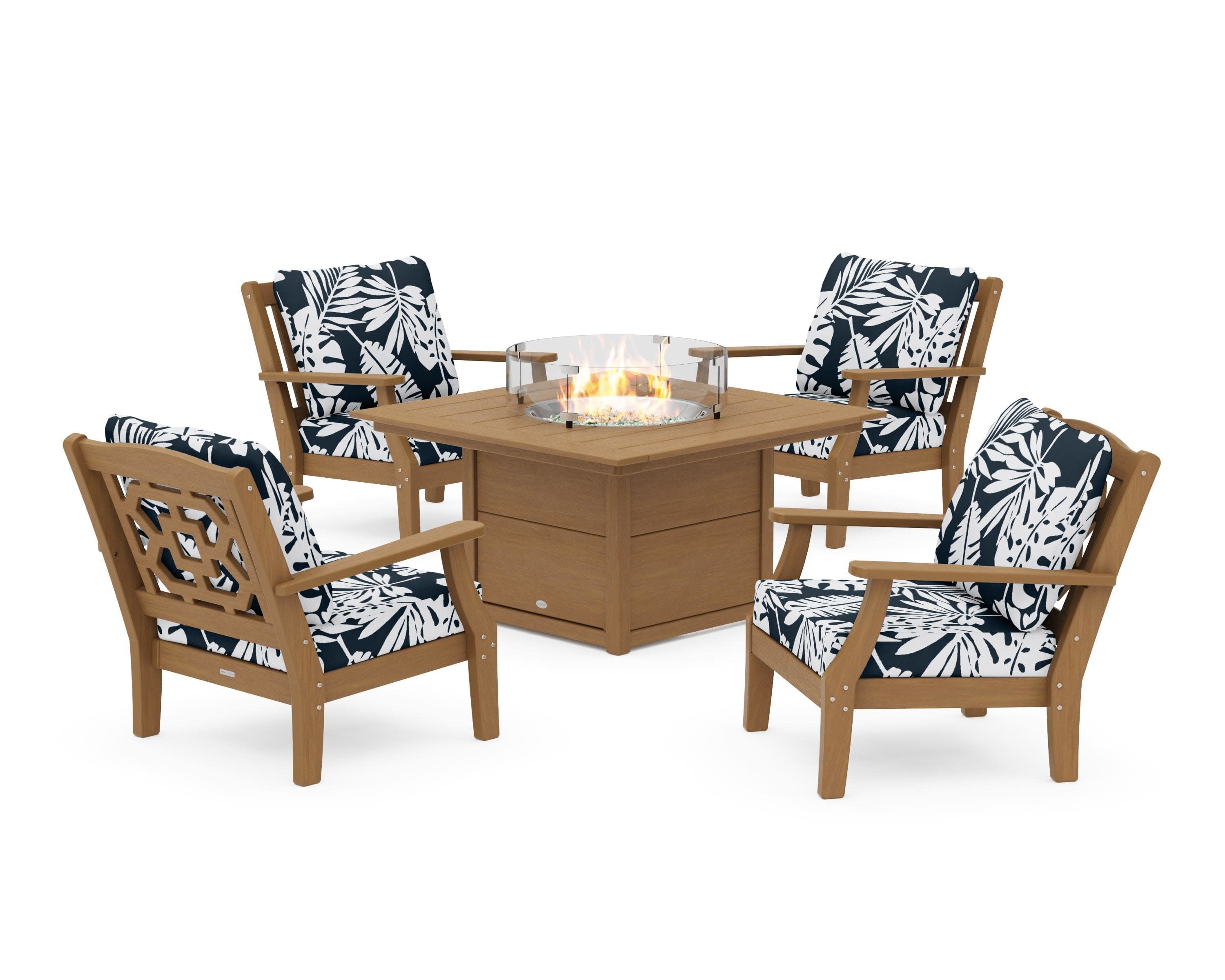 Chinoiserie 5-Piece Deep Seating Set with Fire Pit Table in Natural / Leaf Marine Indigo