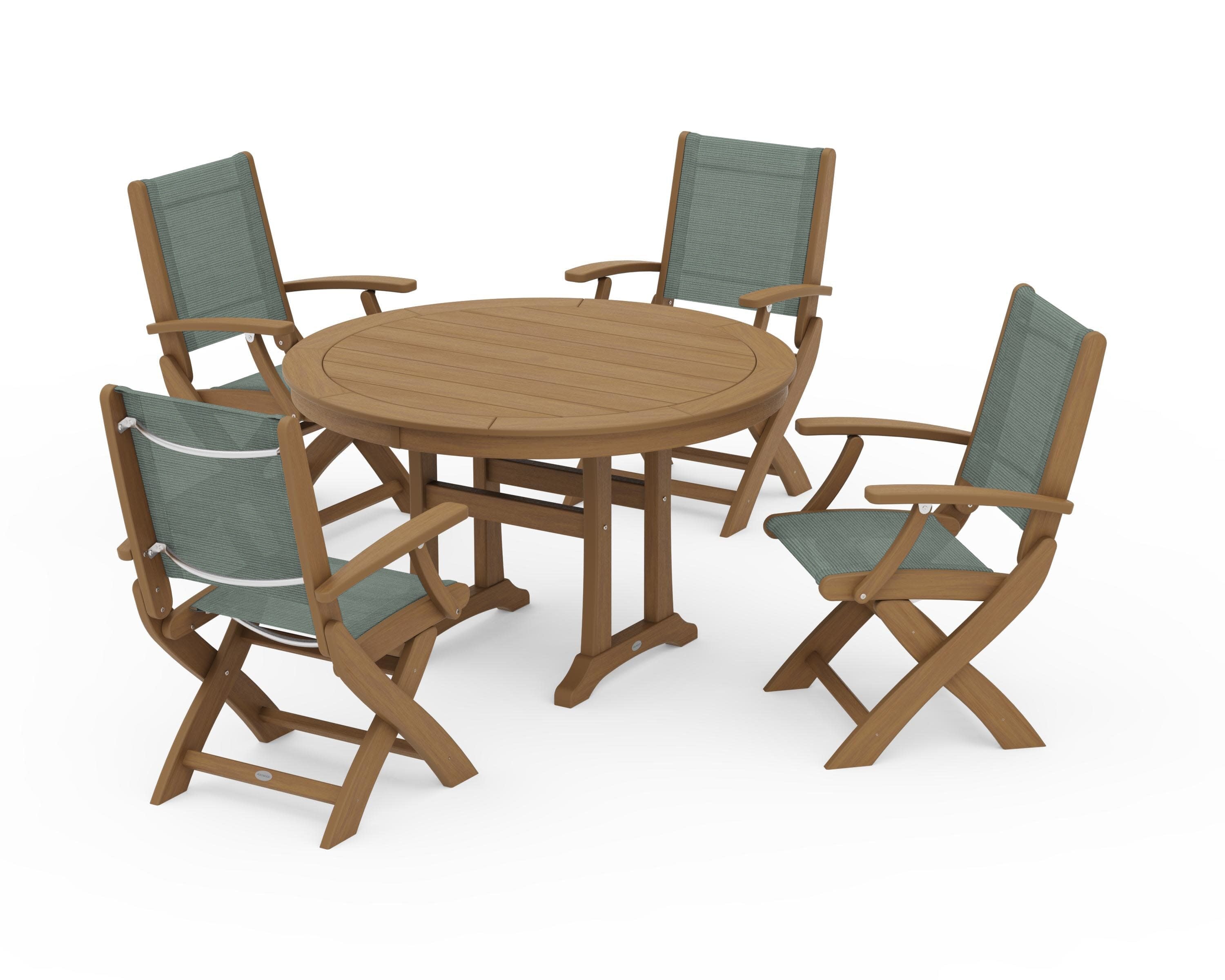 Coastal Folding Chair 5-Piece Round Dining Set with Trestle Legs in Natural / Dupioni Sea Mist Sling