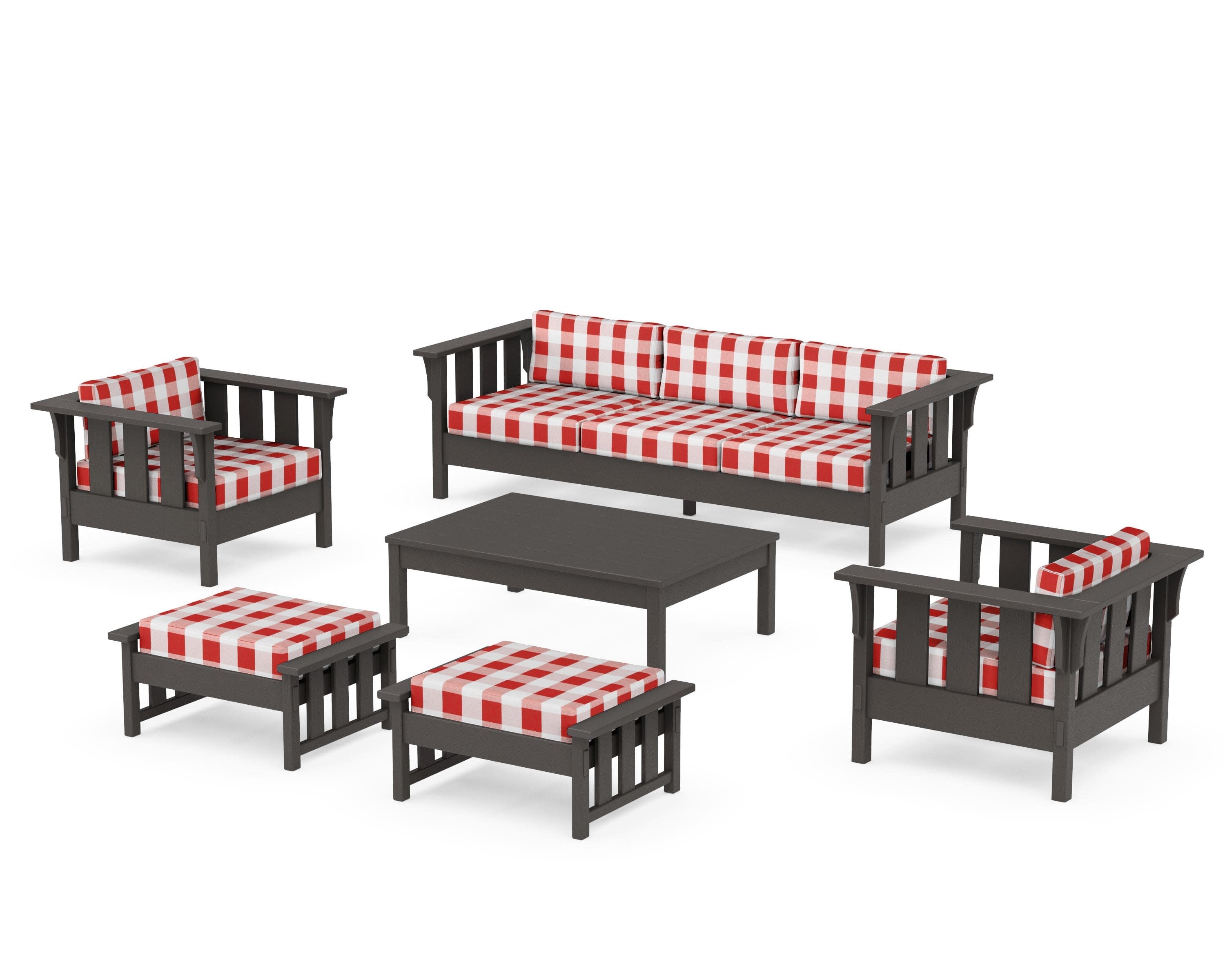 Acadia 6-Piece Lounge Sofa Set in Vintage Coffee / Buffalo Plaid Crimson
