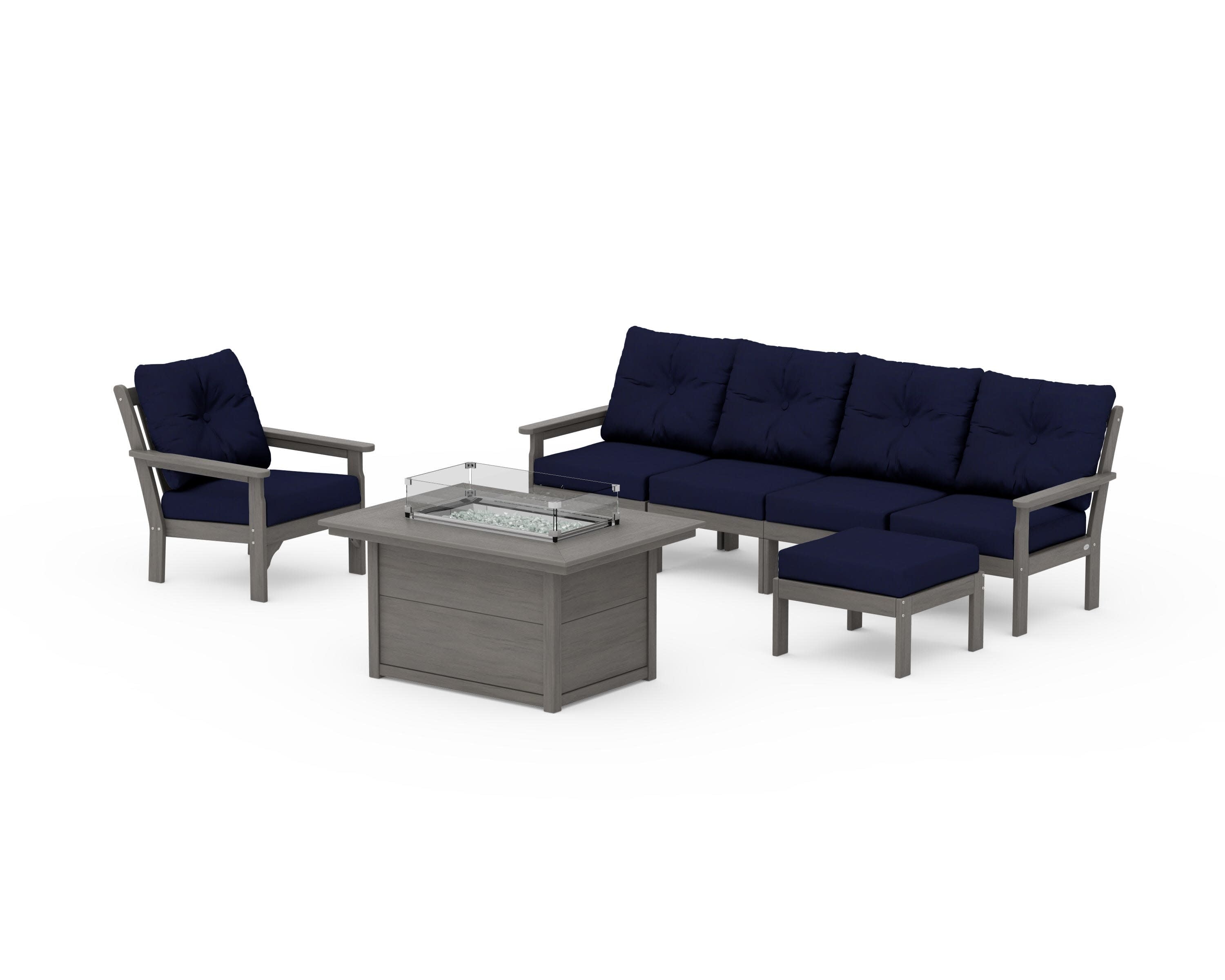 Vineyard Sectional Lounge and Fire Pit Set in Driftwood / Navy