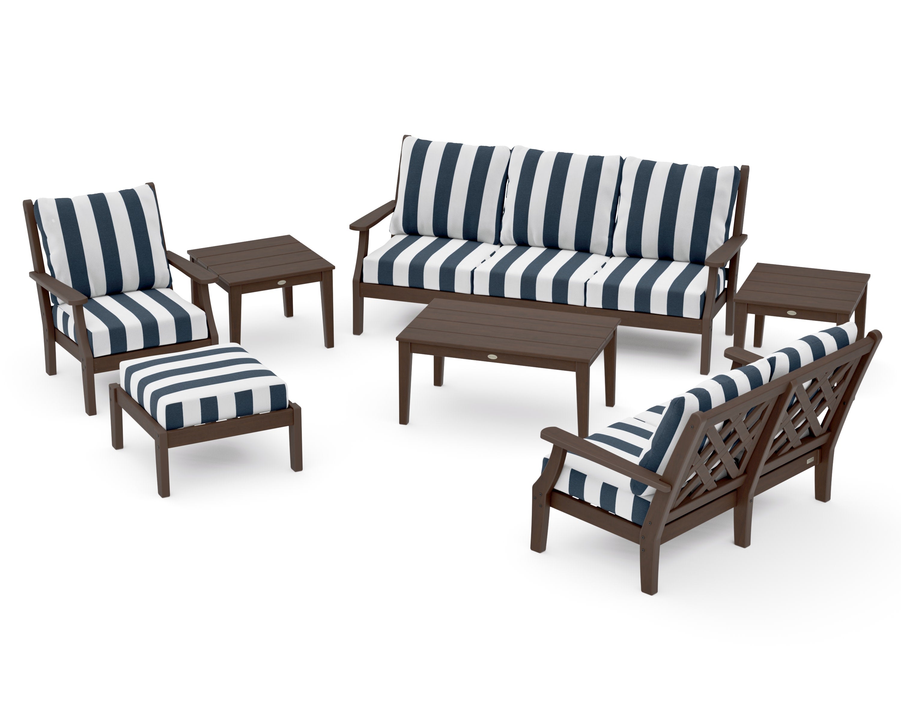 Wovendale 7-Piece Deep Seating Set in Kona / Cabana Stripe Marine Indigo