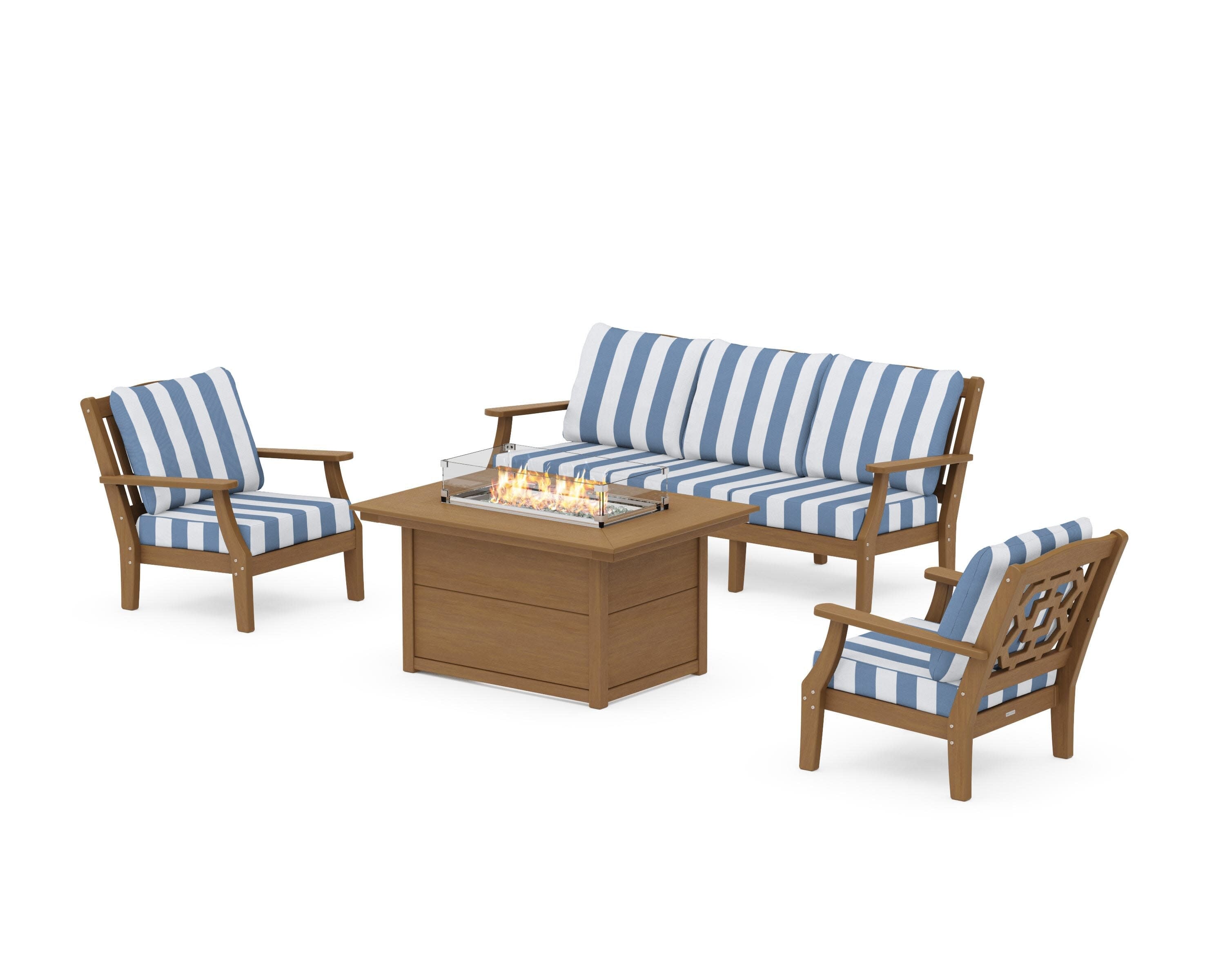 Chinoiserie Deep Seating Fire Pit Table Set in Natural / Cabana Stripe Sky Blue