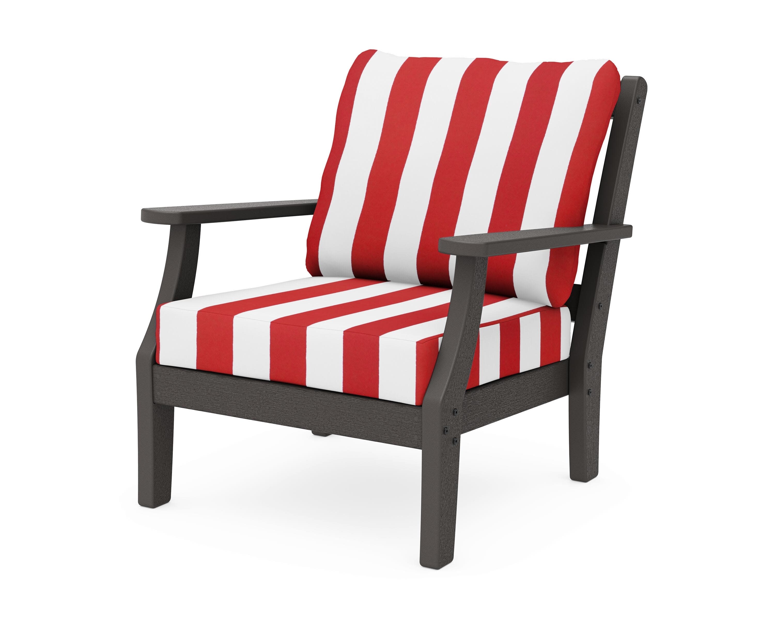Chinoiserie Deep Seating Chair in Vintage Coffee / Cabana Stripe Crimson